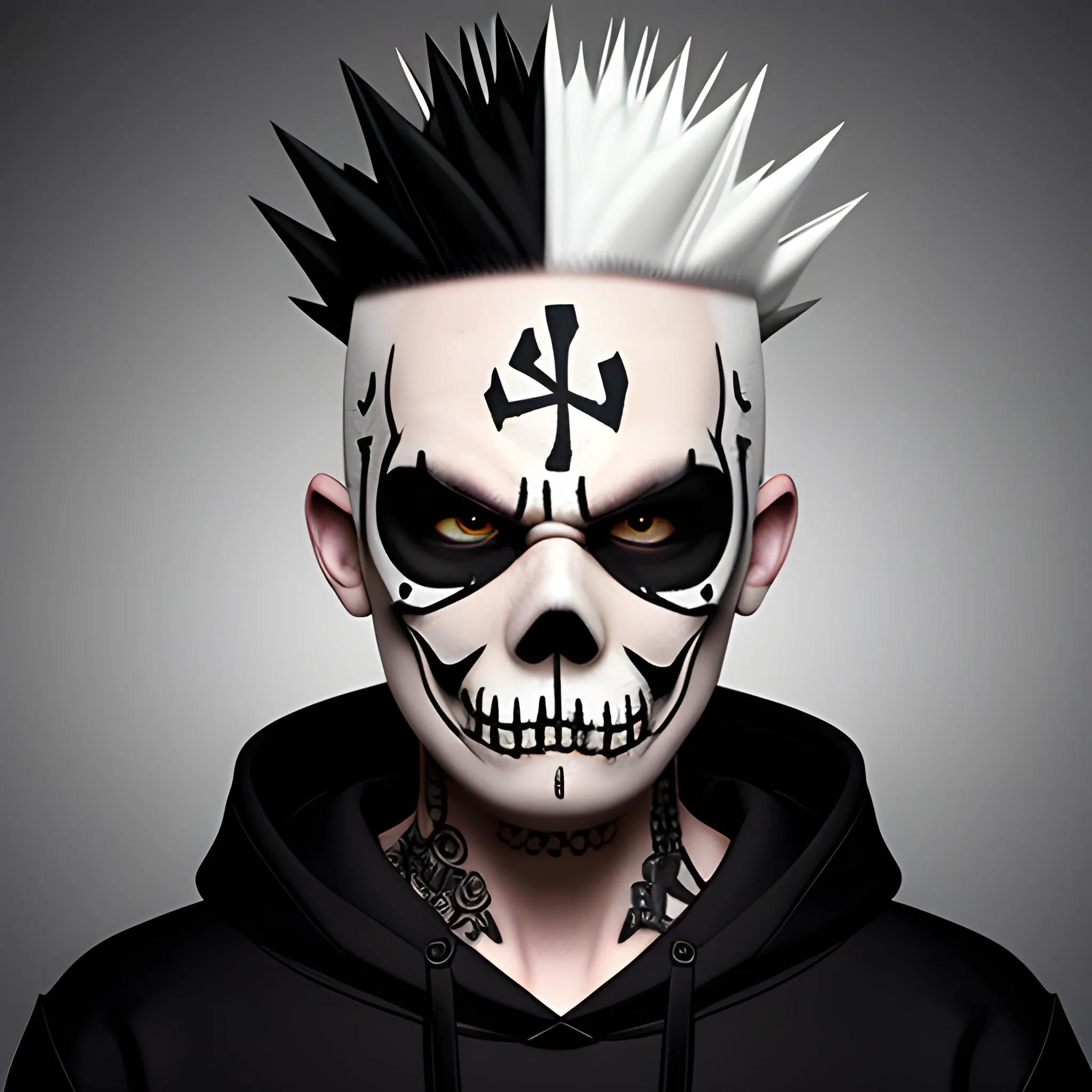 Punk White Character Spiky Head without left eye, realistic mascot, with black hoodie with crossbones
, 3D