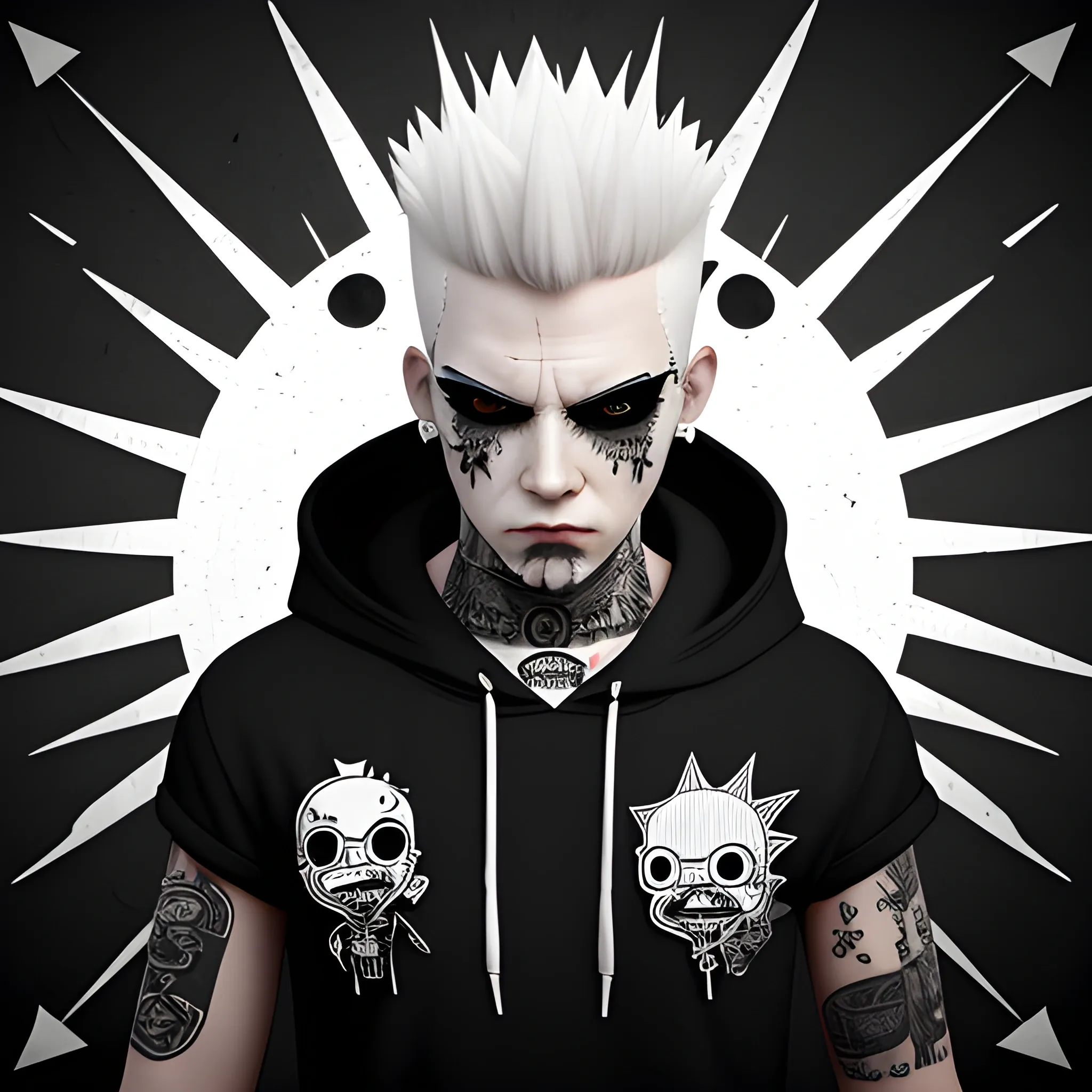 White Punk Character With Spikey Head Mascot, 3D, Black Hoodie, Patch Eye
