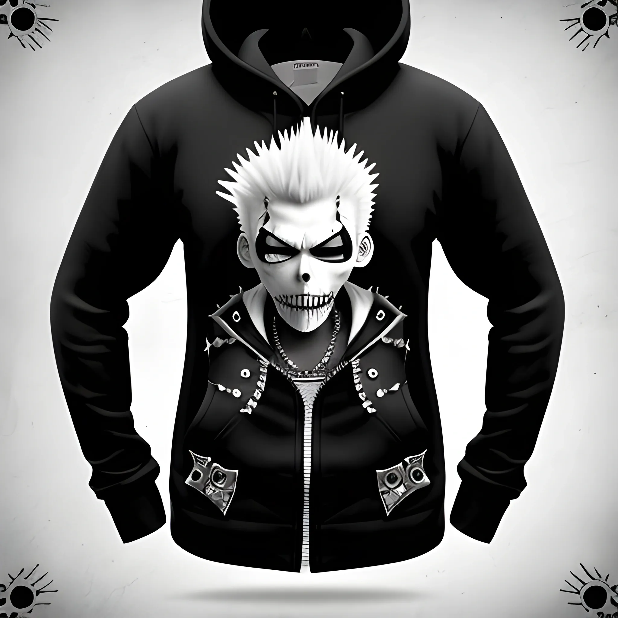 White Punk Character With Spikey Head Mascot, 3D, Black Hoodie, Pirate Patch Eye