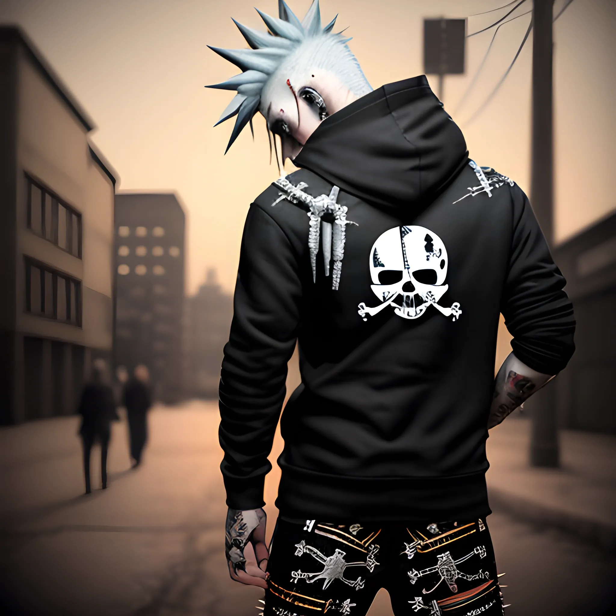 Photorealistic image White Punk Character, full body, dimmed lighting, Spikey Head, bokeh lighting, Black Hoodie With Crossbones