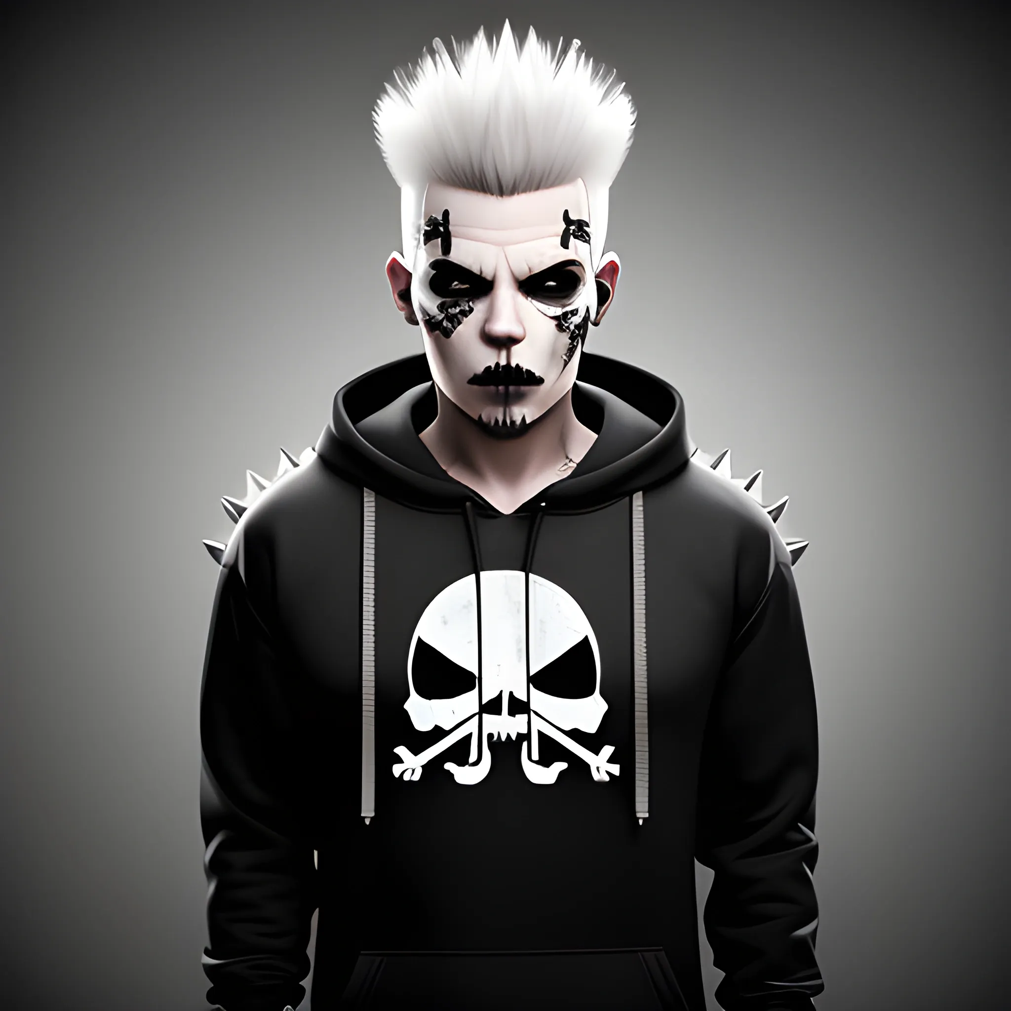 Photorealistic image White Punk Character facing front, full body, dimmed lighting, Spikey Head, bokeh lighting, Black Hoodie With Crossbones