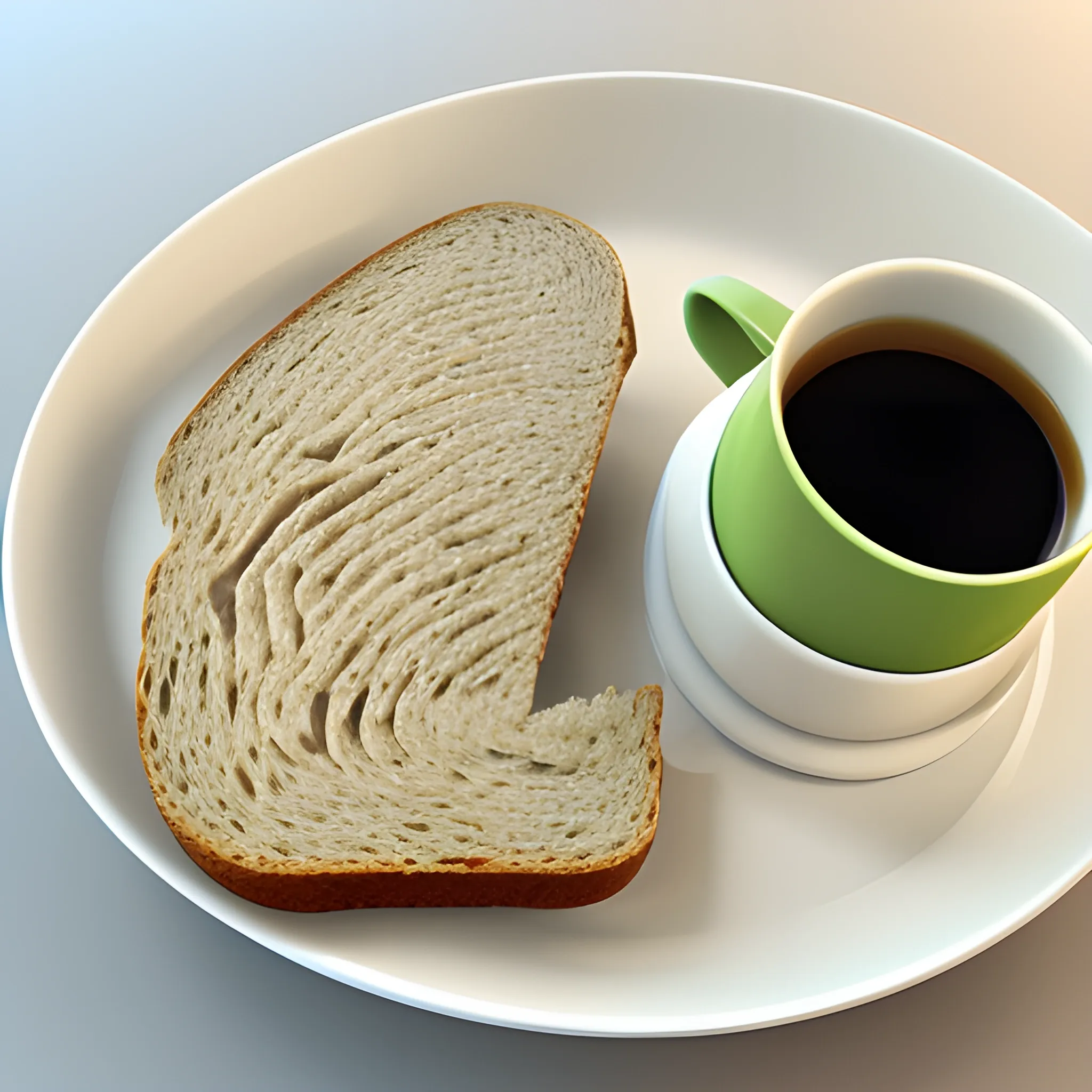 On a white ceramic saucer is a sandwich with a slice of rye bread spread with butter. On the bread is a slice of red fish fillet, avocado and a lettuce leaf. On the side is a cup of hot black coffee.

The sandwich looks appetizing and fresh. The red fish fillet is a beautiful pink color and the avocado is a rich green. The lettuce leaf adds a freshness. The coffee in the cup is thick and flavorful., 3D