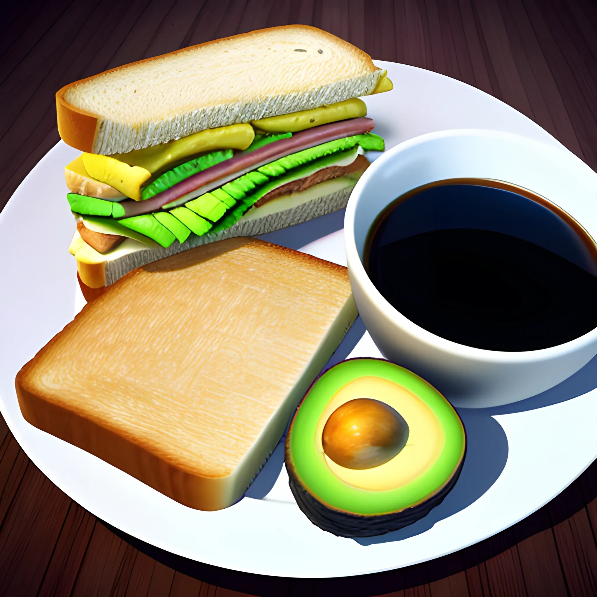 butter sandwich, red fish fillet, avocado and a cup of hot black coffee., 3D