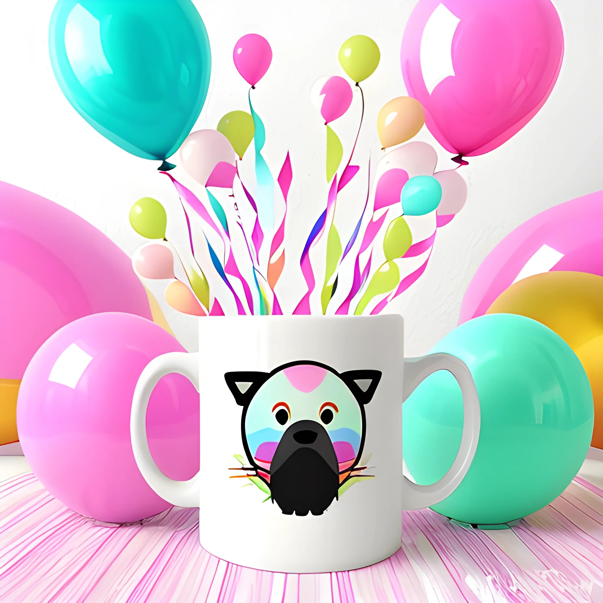 Design whimsical mug prints for a child’s birthday party featuring adorable animals and balloons with a touch of pastel rainbow accents. , Trippy