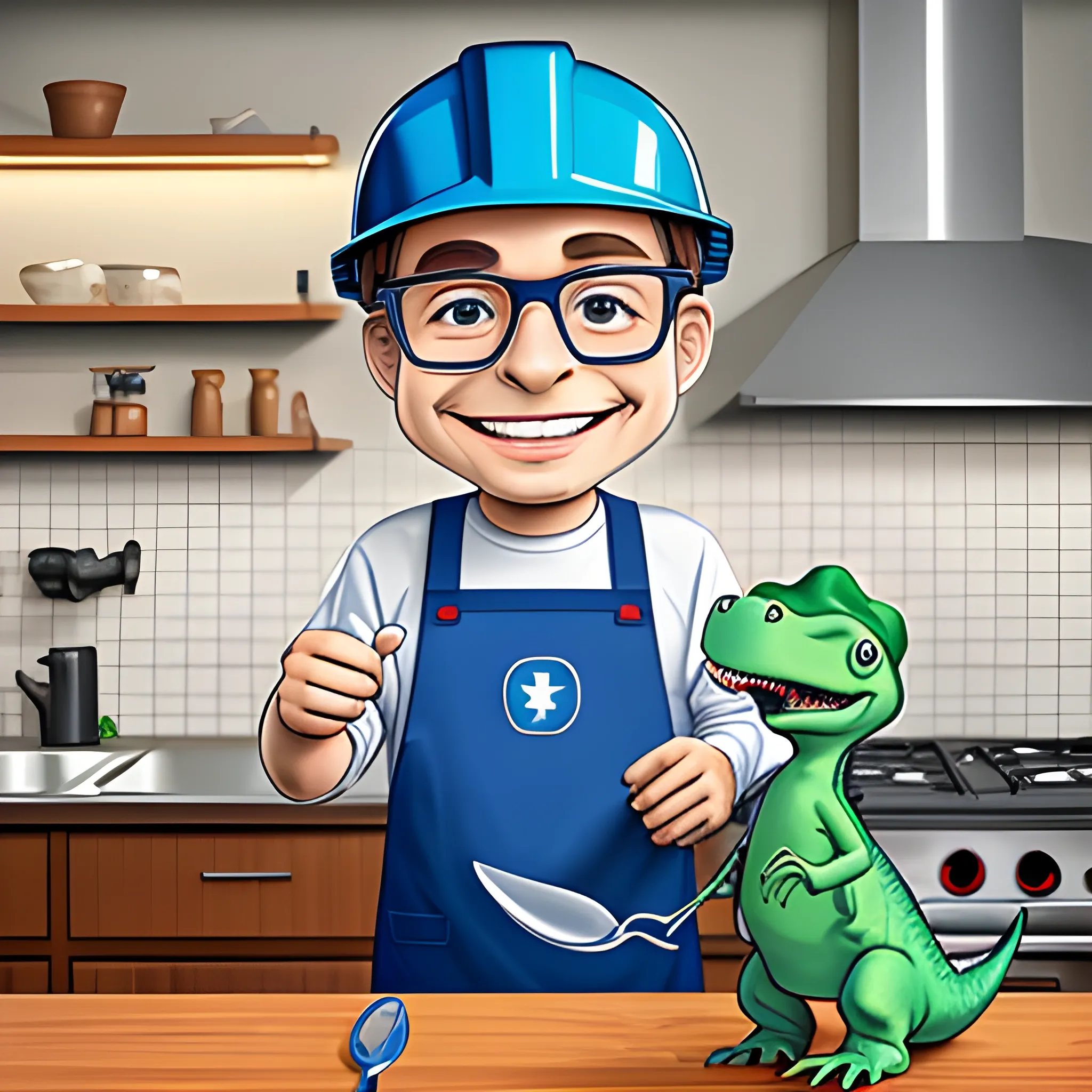 Friendly dinosaur, with a pleasant smile, with glasses, has a multimeter in his hands, wears a blue apron and industrial helmet, Cartoon