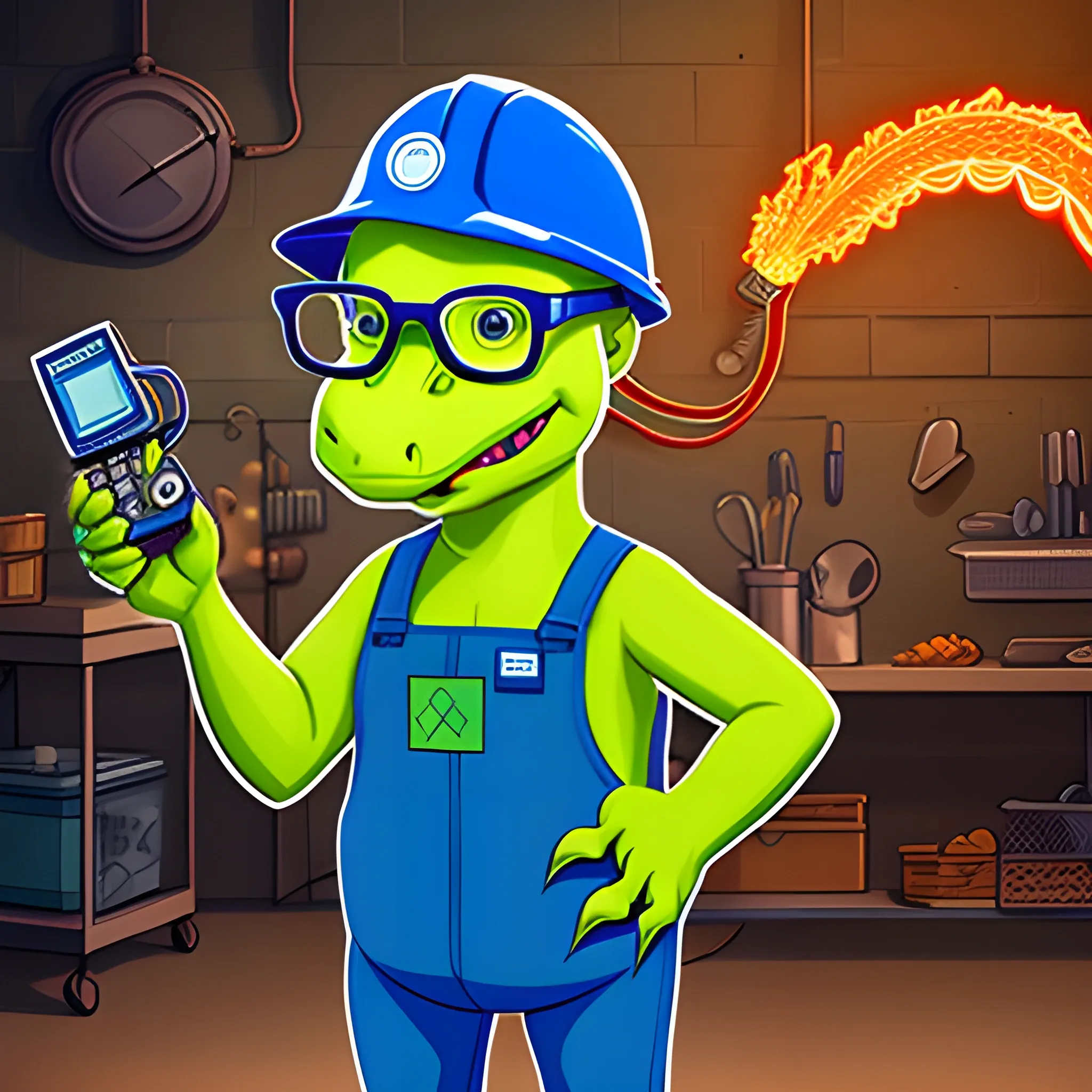 Friendly dinosaur, with glasses, has a multimeter in his hands, wears a blue apron and industrial helmet, Cartoon