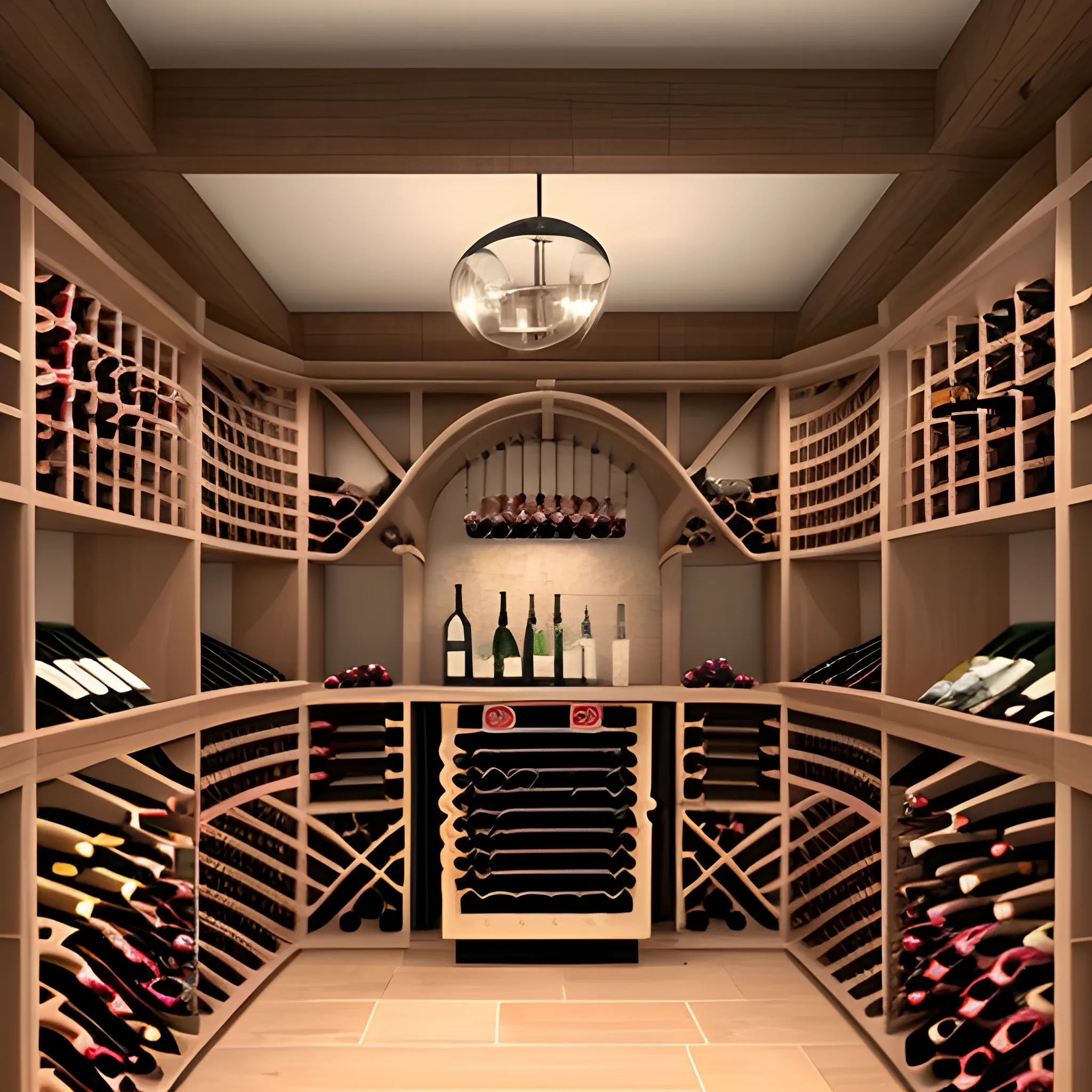 
Design a walk-in wine cellar, maximum 2 meters long by 1.73 meters deep, with space for spirits, glassware organizer, and a mini fridge. It should incorporate elements of Japanese design. The furniture should be functional, aesthetic, and space-efficient, allowing easy access to all our wine, glassware, and beverage-related needs., 3D