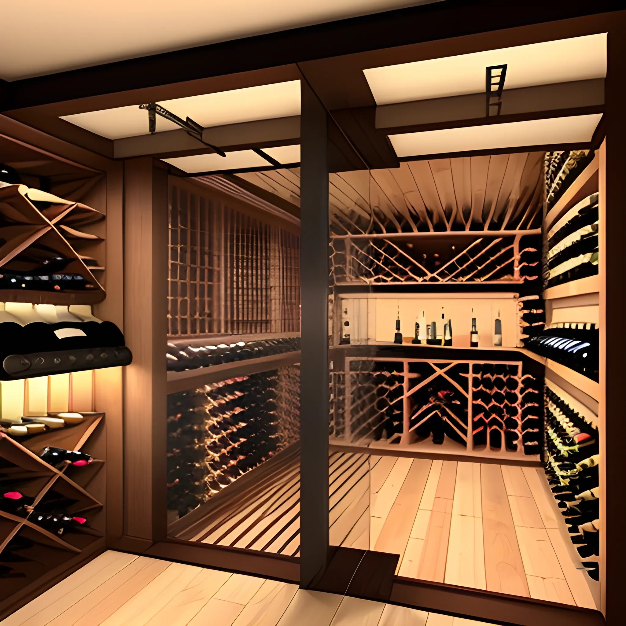 
Design a walk-in wine cellar, maximum 2 meters long by 1.73 meters deep, with space for spirits, glassware organizer, and a mini fridge. It should incorporate elements of Japanese design. The furniture should be functional, aesthetic, and space-efficient, allowing easy access to all our wine, glassware, and beverage-related needs., 3D