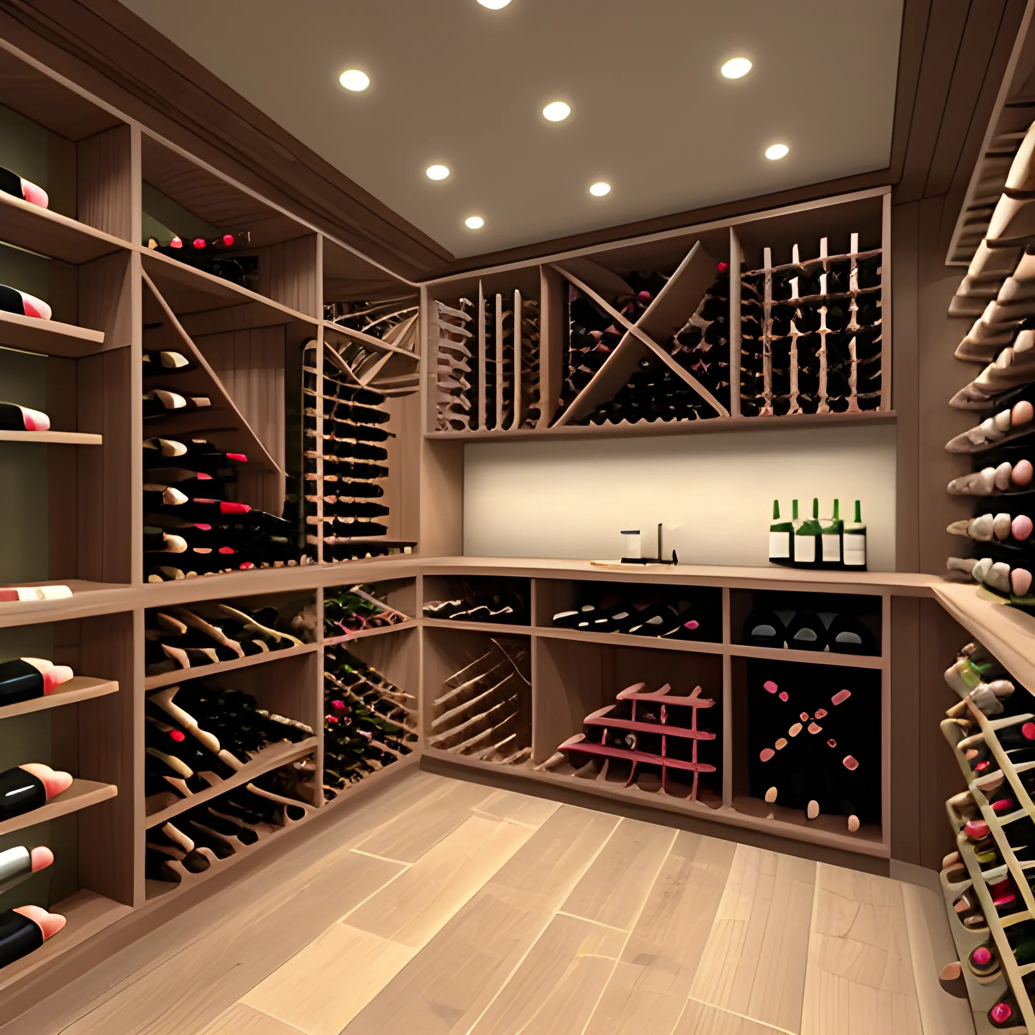 
Design a walk-in wine cellar, maximum 2 meters long by 1.73 meters deep, with space for spirits, glassware organizer, and a mini fridge. It should incorporate elements of Japanese design. The furniture should be functional, aesthetic, and space-efficient, allowing easy access to all our wine, glassware, and beverage-related needs., 3D