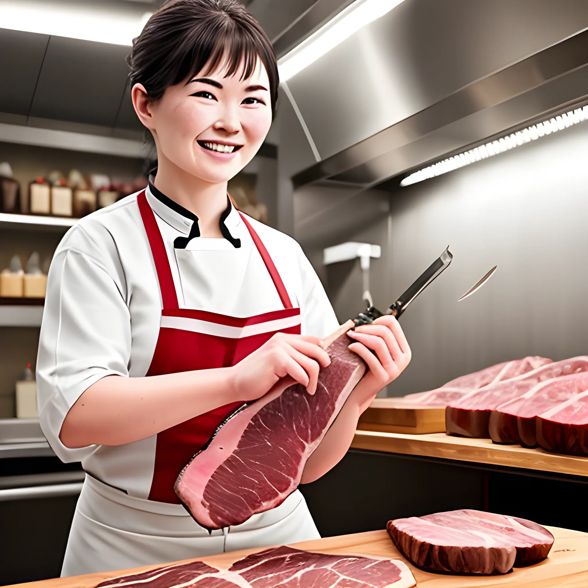 ultra-detailed,  female butcher working with her tools, excellent-marbled wagyu steak, happy face