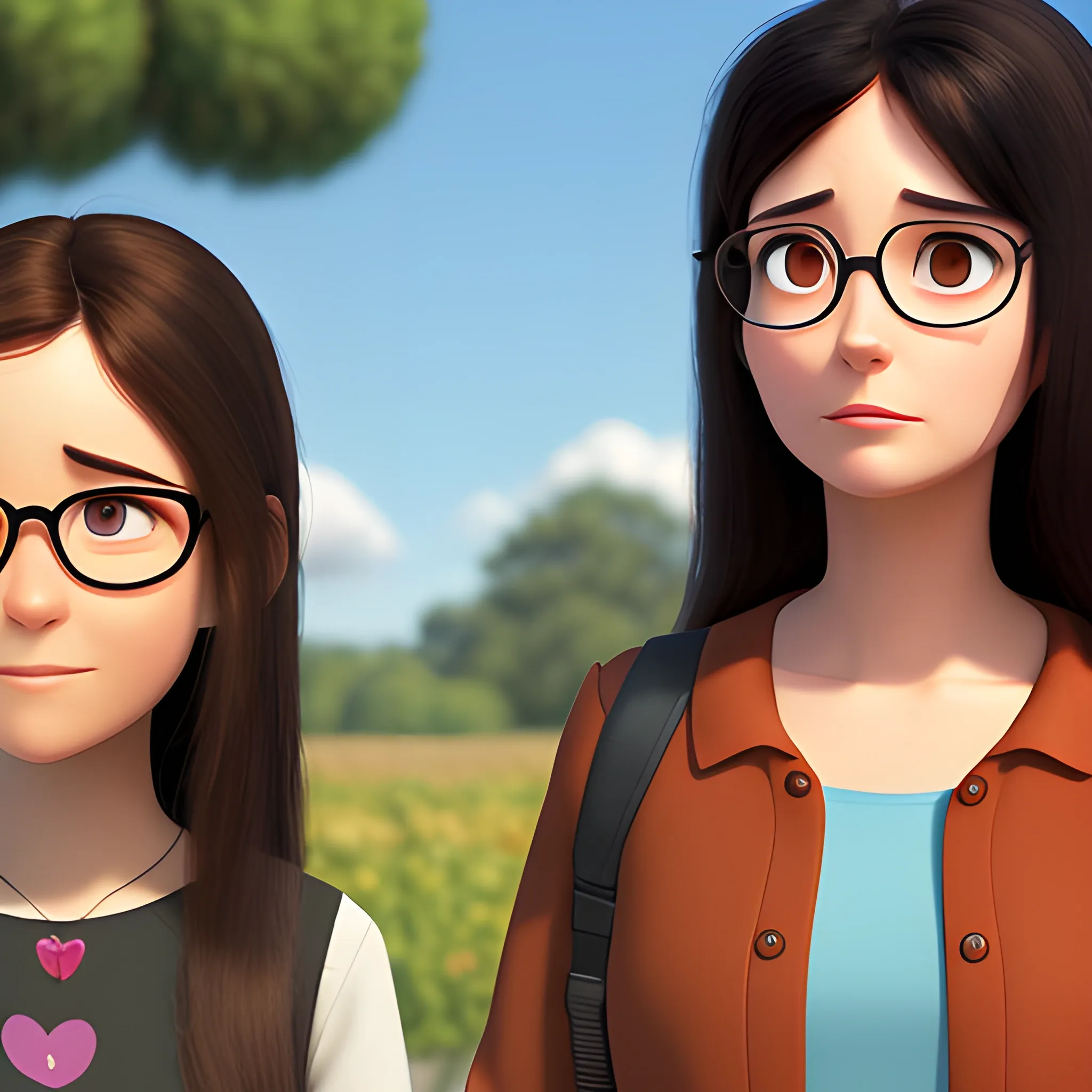 Pixar cover. Two women, one with long brown hair without glasses, the other with shoulder length black hair and only she wears glasses. The film is titled, love at a distance., 3D