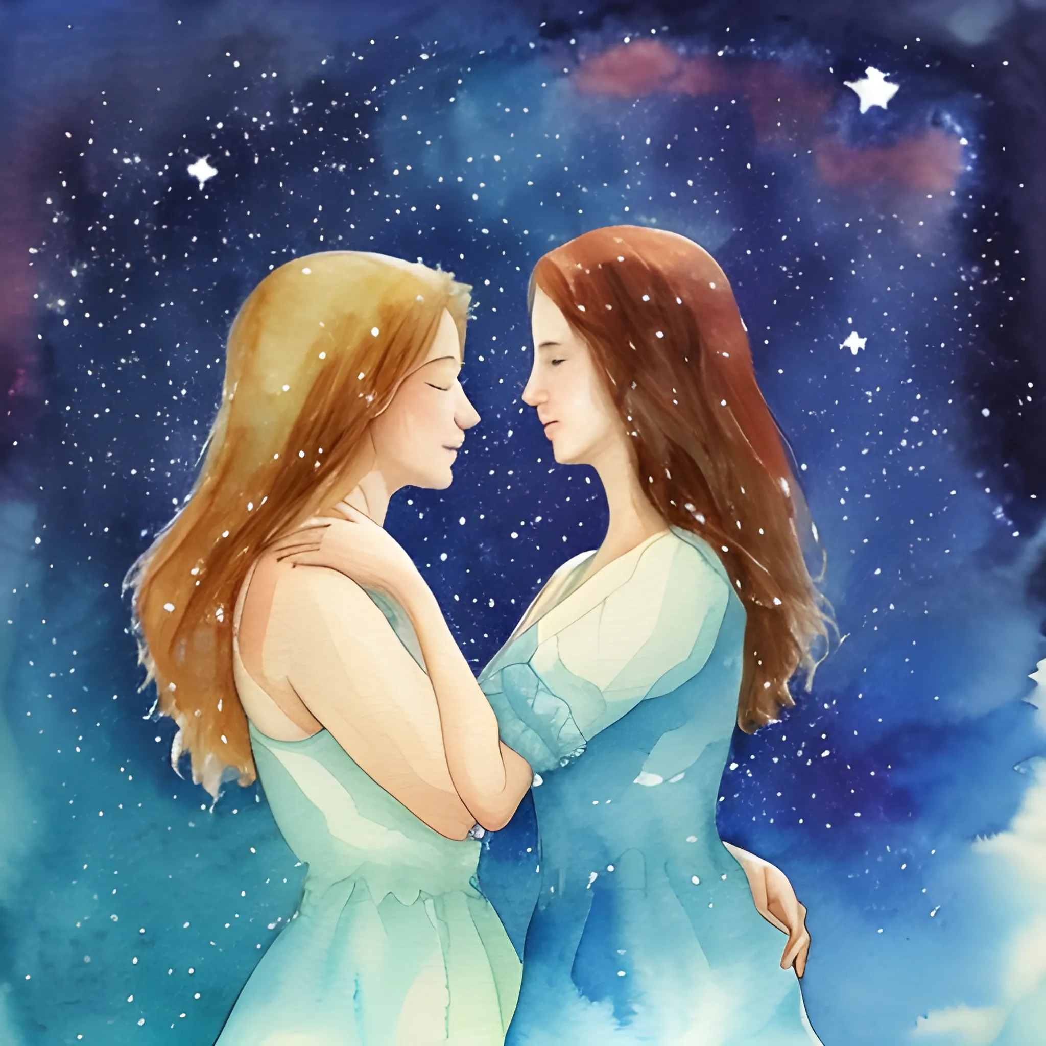 Love between two women with a starry sky, Water Color