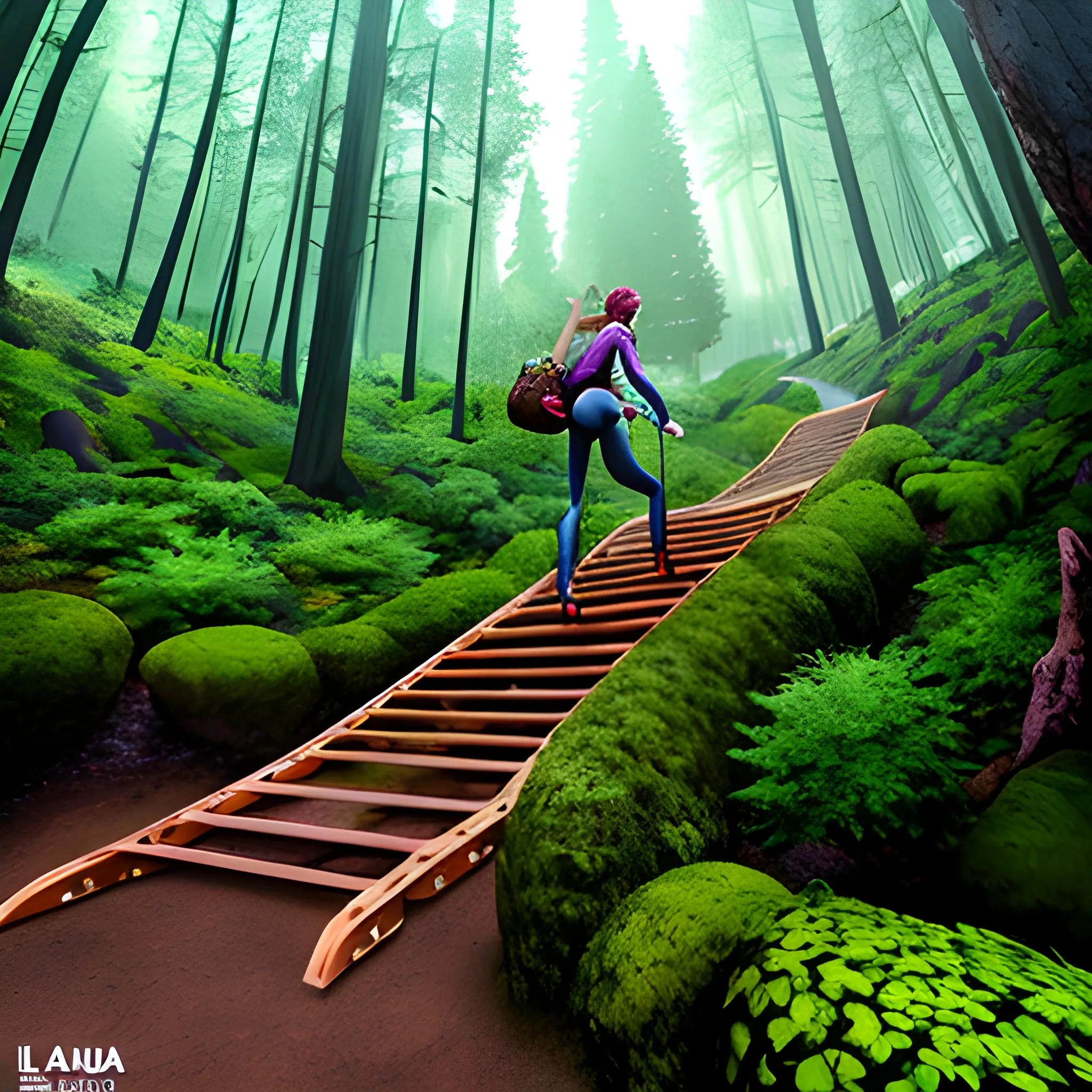 Estilo pixar, una niña escalando una montaña para llegar a un bosque encantado