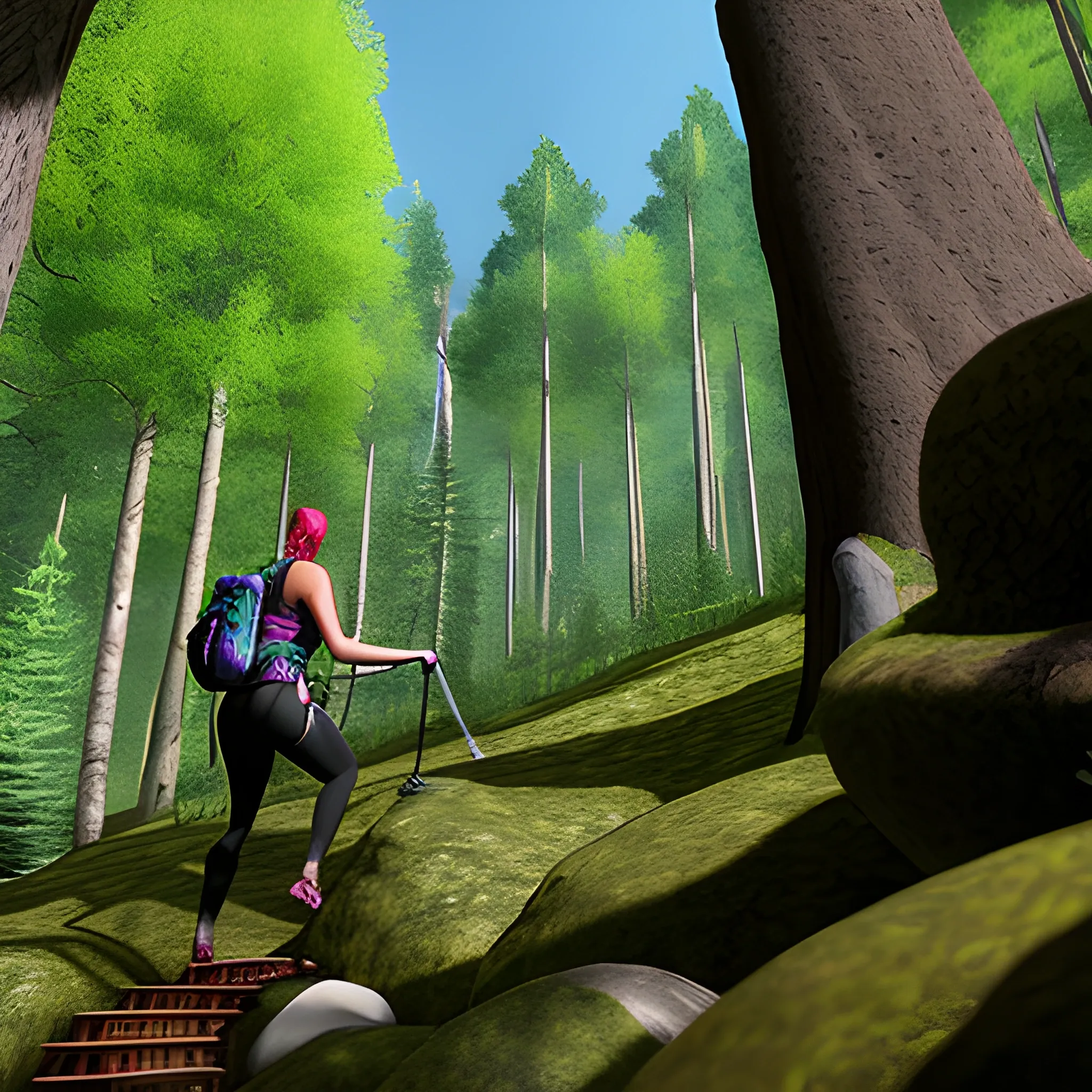 una niña escalando una montaña para llegar a un bosque encantado, renderizado 3D