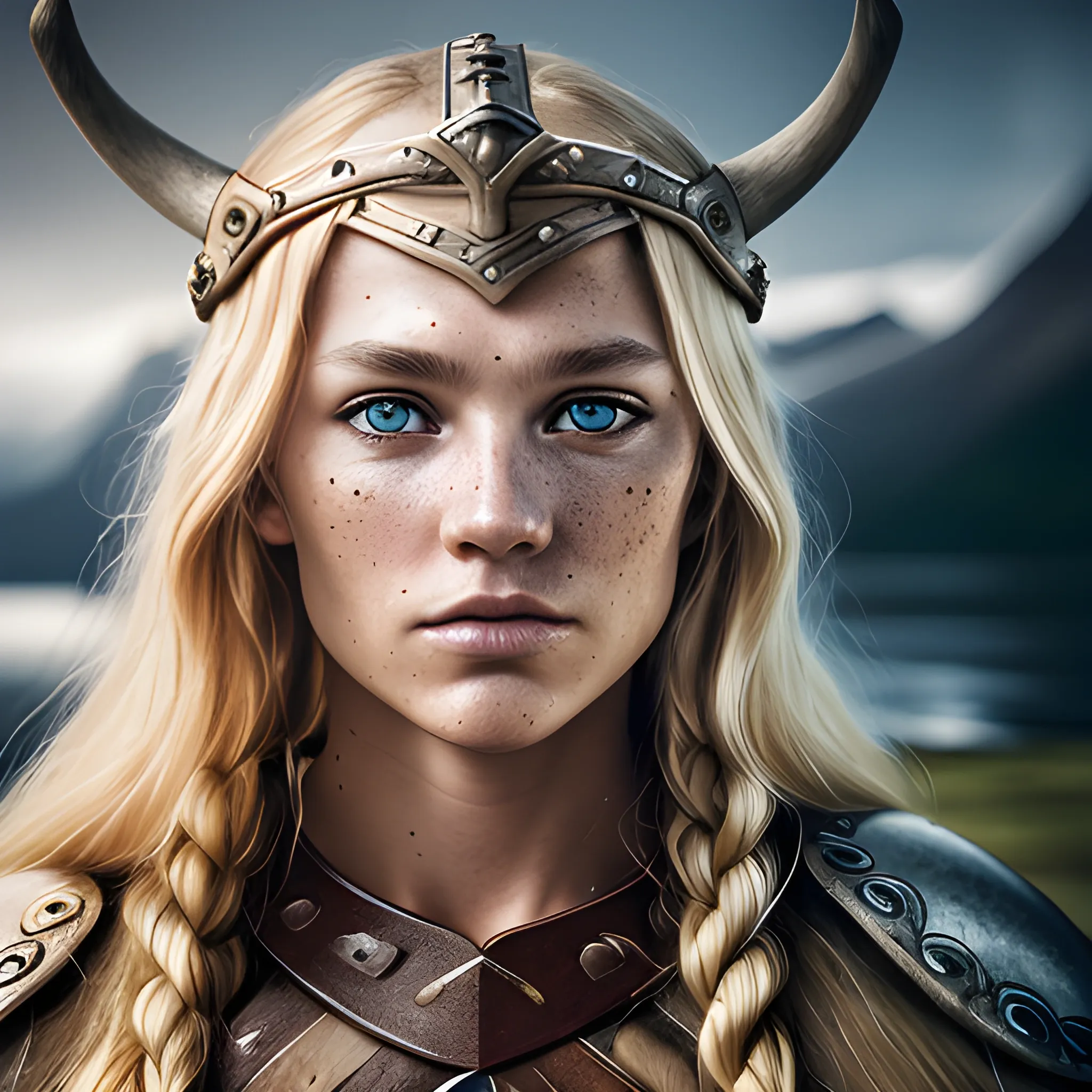   a fierce viking queen, gorgeous blond with detailed eyes, extremely detailed body, skin pores, light freckles, extremely detailed skin, extremely detailed clothes, viking clothes, viking helmet, stunning norwegian landscape in the background , photo, full shot, outdoor, toned physique, perfect face, ( diffused skin pores), lens flare, specular lighting, shallow depth of field, sony alpha1, 85mm lens, .4gm, long exposure, hard focus,, 3D