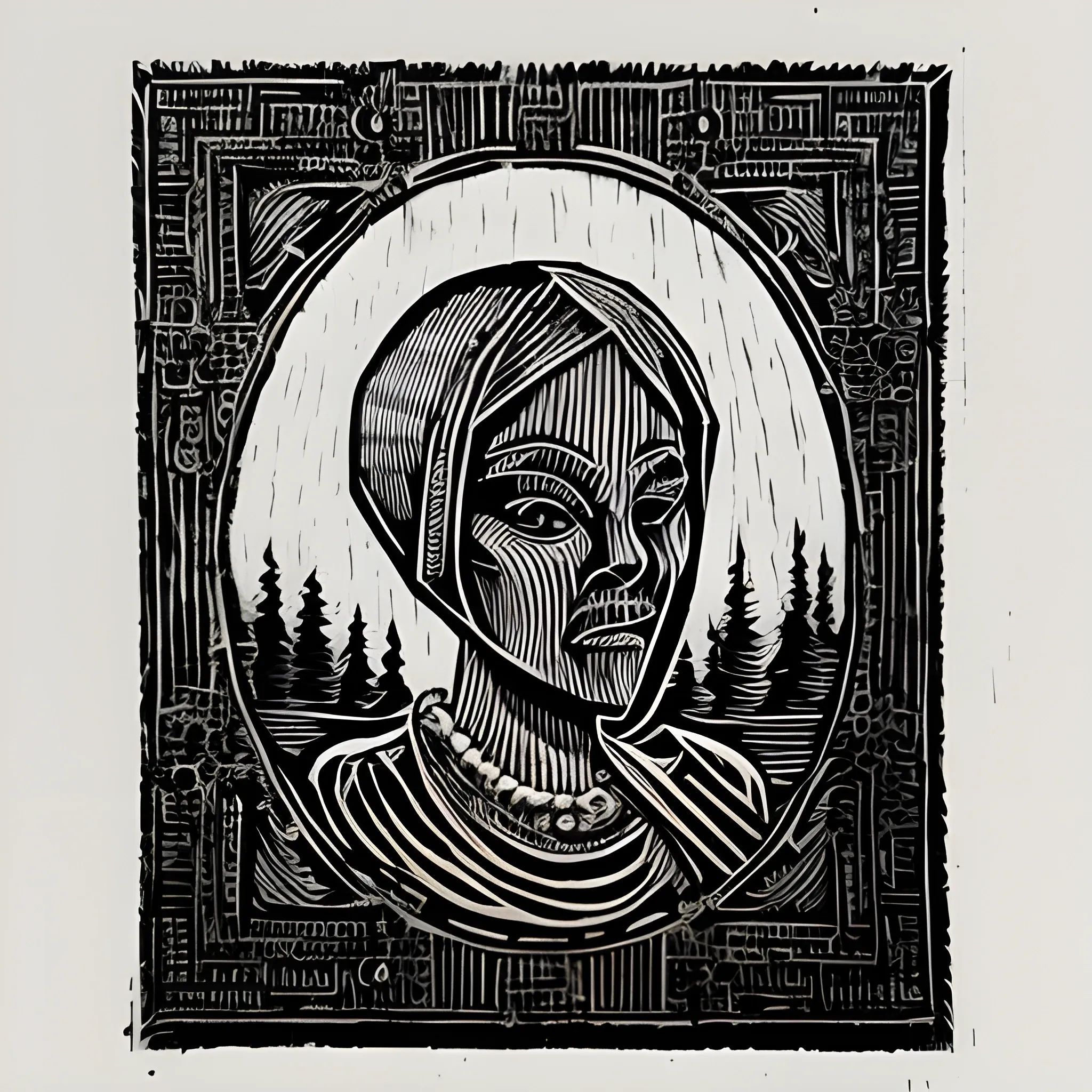 black and white woodcut style