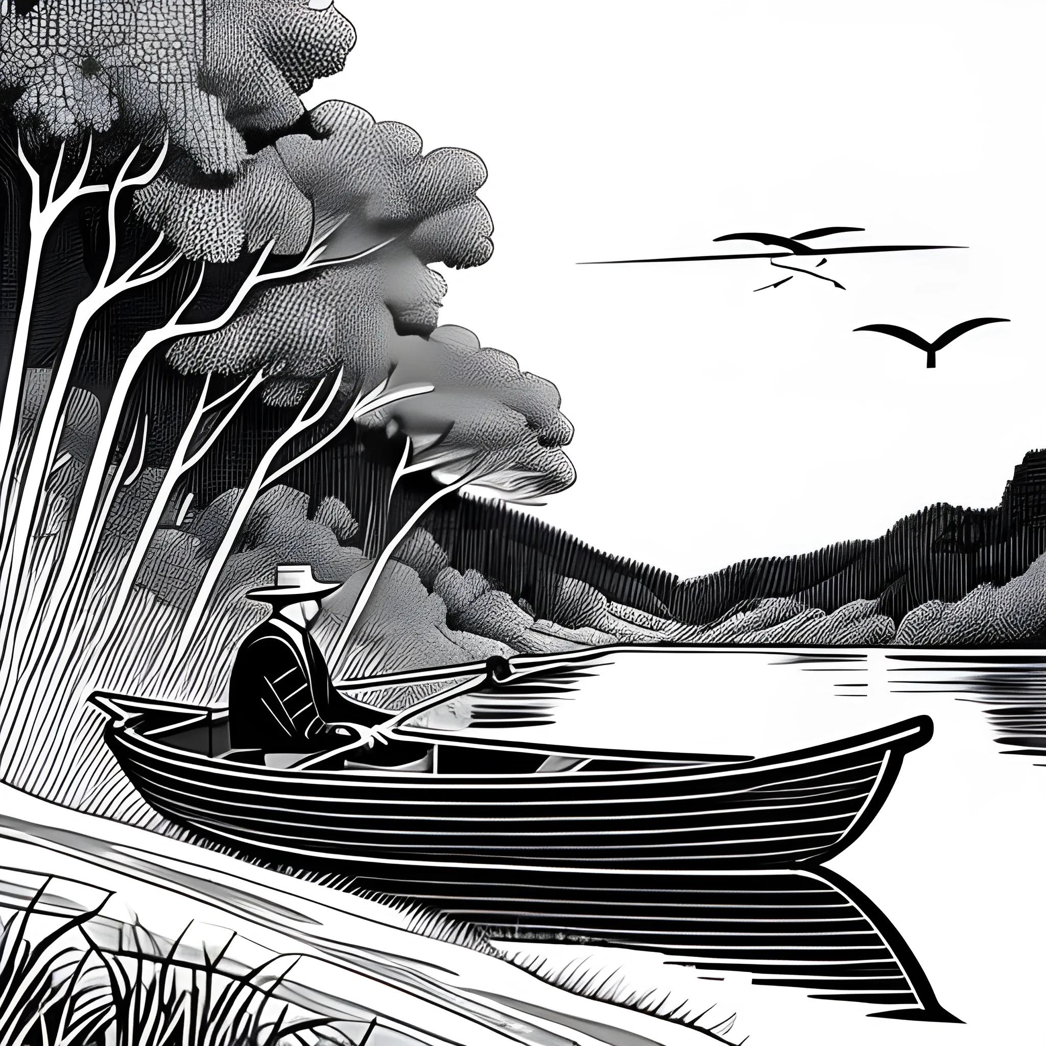 A fisherman was fishing by the river. He sat in a boat and waited quietly for the fish to take the bait. ;Black and white woodcut style; The lines don’t need to be so straight, a little more curves would be better