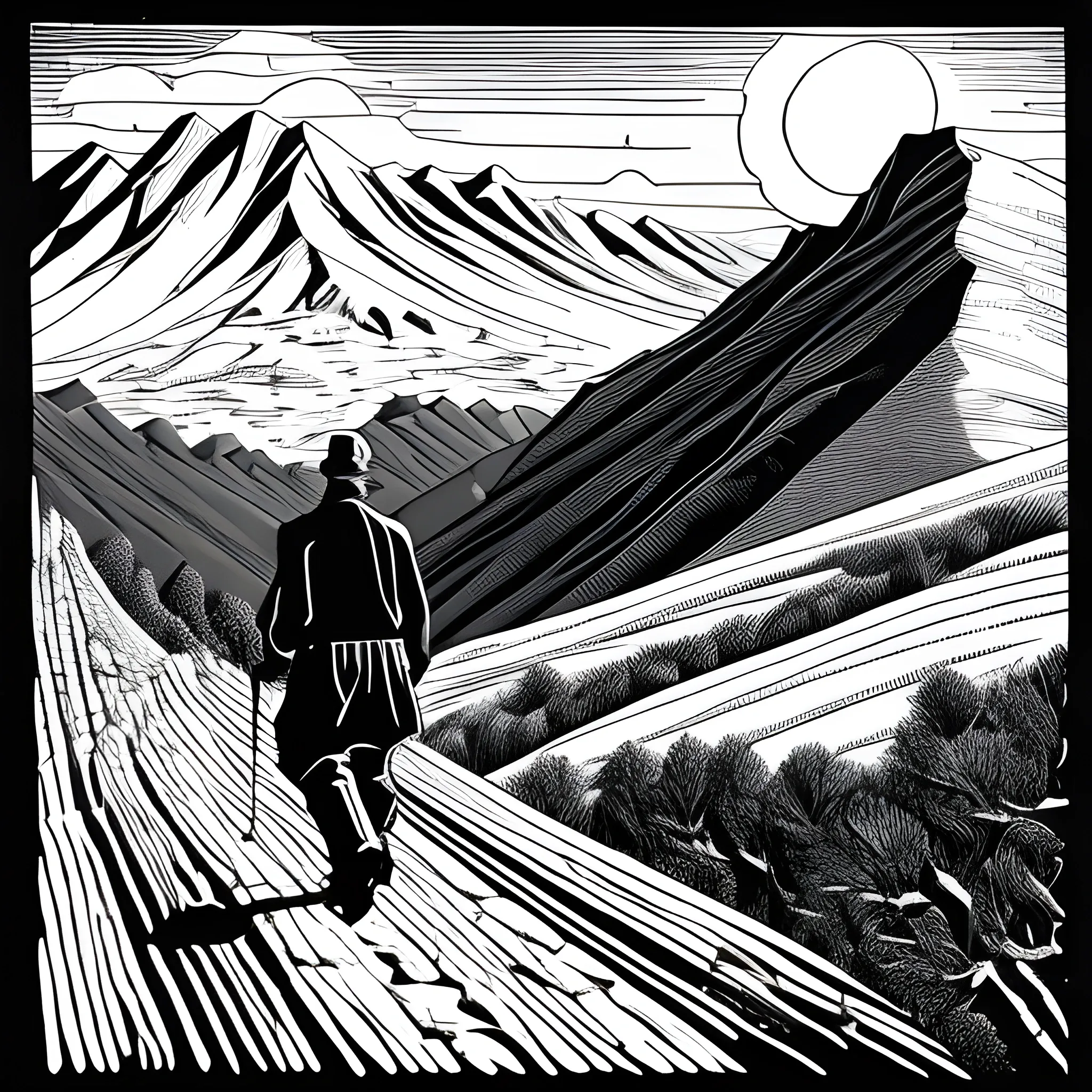 The old man in the mountains walks alone on the mountain trails. Classical black and white woodcut style; strong contrast between light and dark, flat carving technique is used to create the old man's simple expression, and shadows are formed where the lines intersect.
