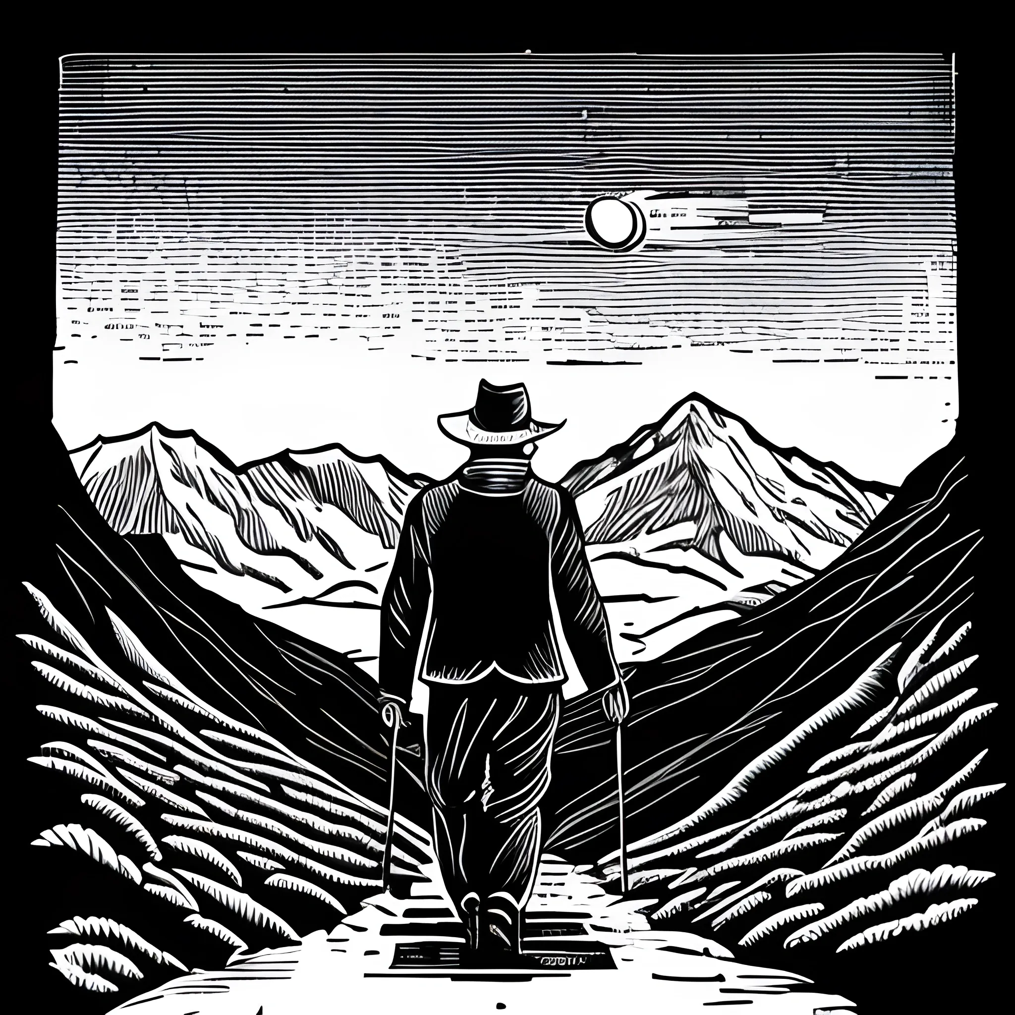 The old man in the mountains walks alone on the mountain trails. Classical black and white woodcut style; 