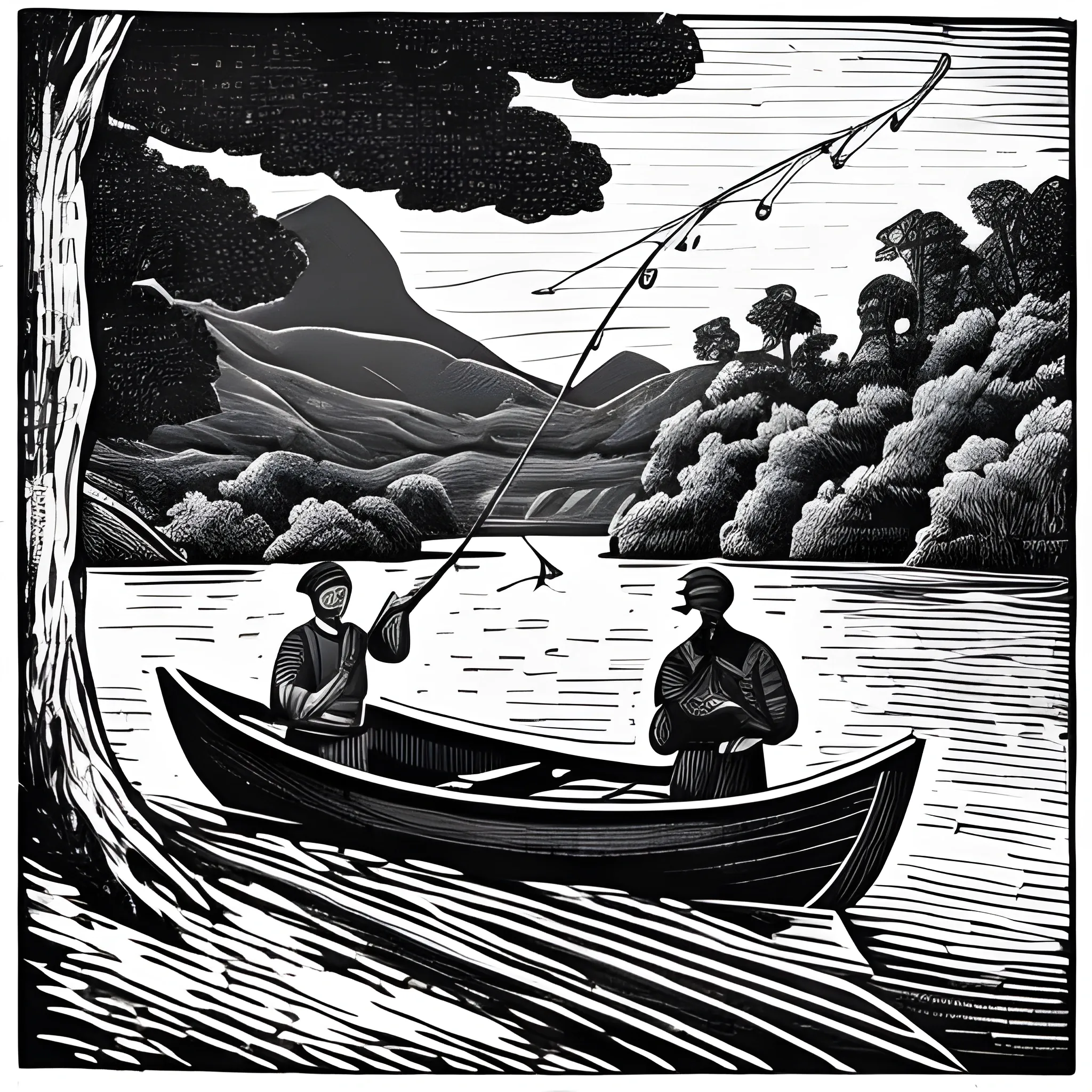 A fisherman was fishing by the river. He sat in a boat and waited quietly for the fish to take the bait. ;Classical black and white woodcut style