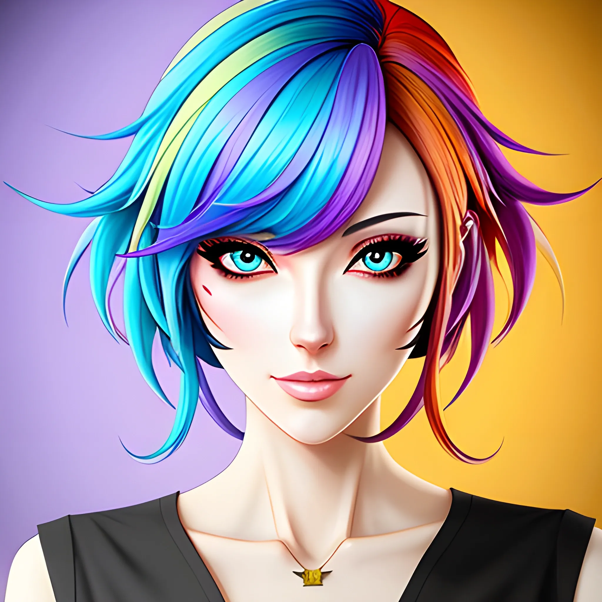 A young online freelancing girl, colorful anime decoration, hyper-realistic portrait style 