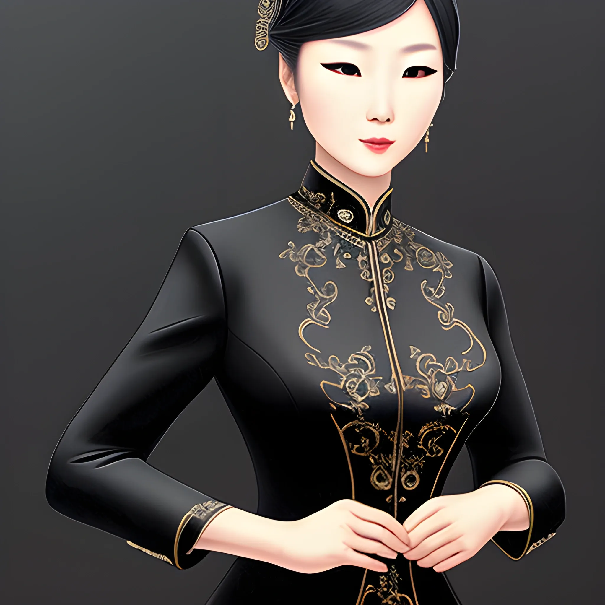 An Asian elegant lady wearing a black suit, eye-catching detail, realistic ultra-detailed