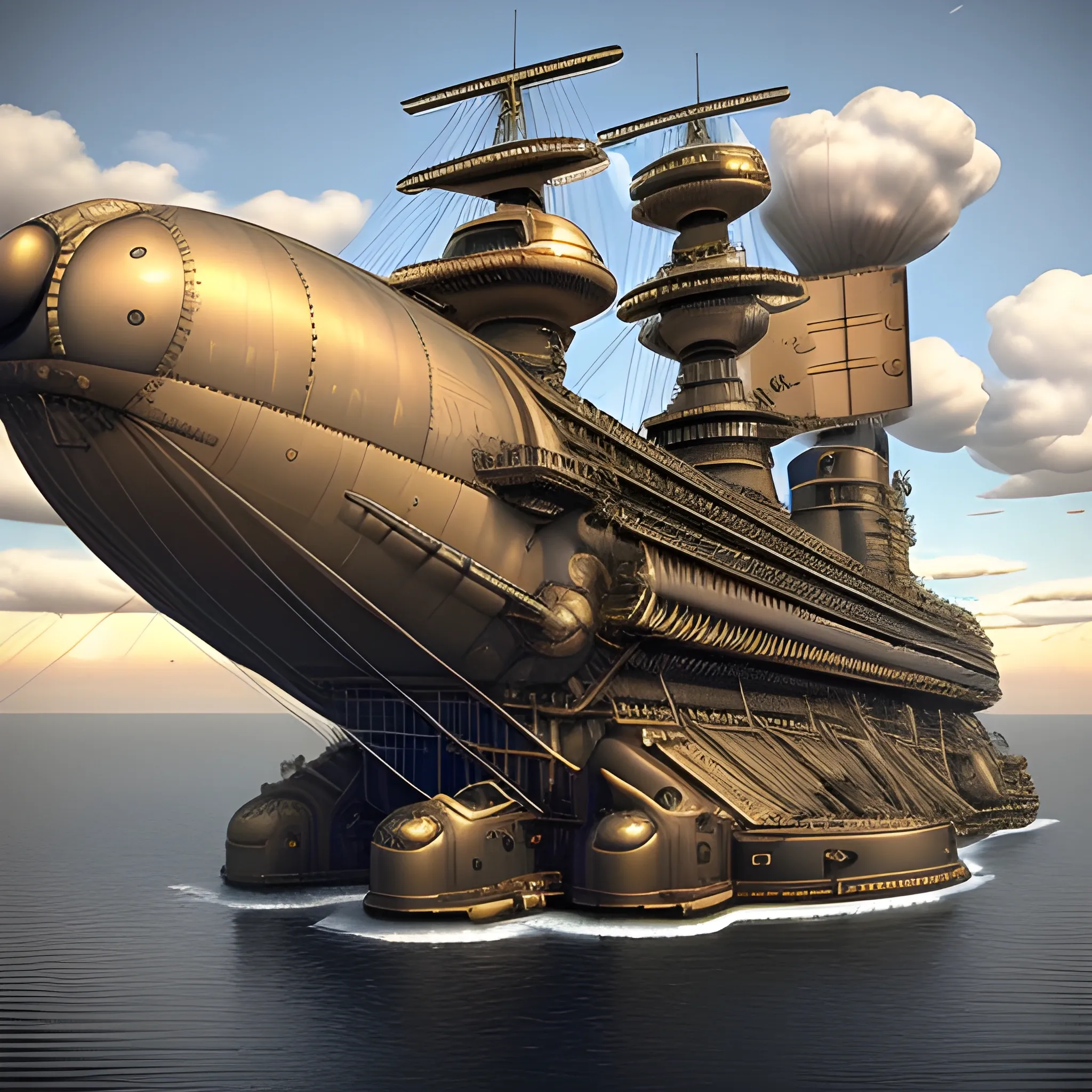 massive steampunk airship, blimp, dreadnaught, steampunk, pill-shaped, biplane fleets, turreted cannons on deck, cannons on hull, propeller engines, large cannons, deck guns, hull guns, weird guns, multiple guns, in air, flying, in clouds, 3D