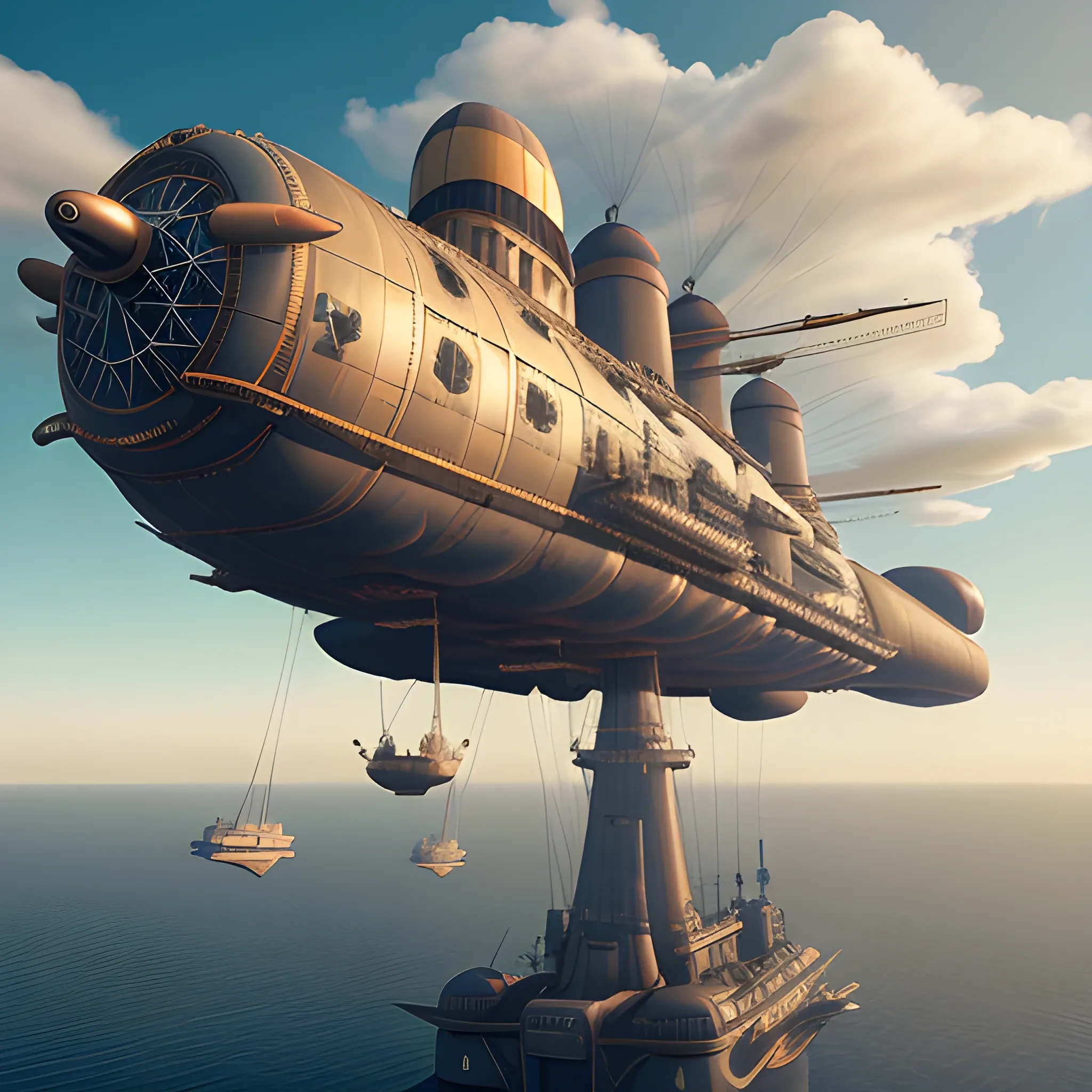 massive steampunk flying airship, blimp, dreadnaught, steampunk, pill-shaped, biplane fleets, turreted cannons on deck, cannons on hull, propeller engines, large cannons, deck guns, hull guns, weird guns, multiple guns, in air, flying, no water, high detail, 8k, octane render, biplanes flying around airship, in clouds, 3D