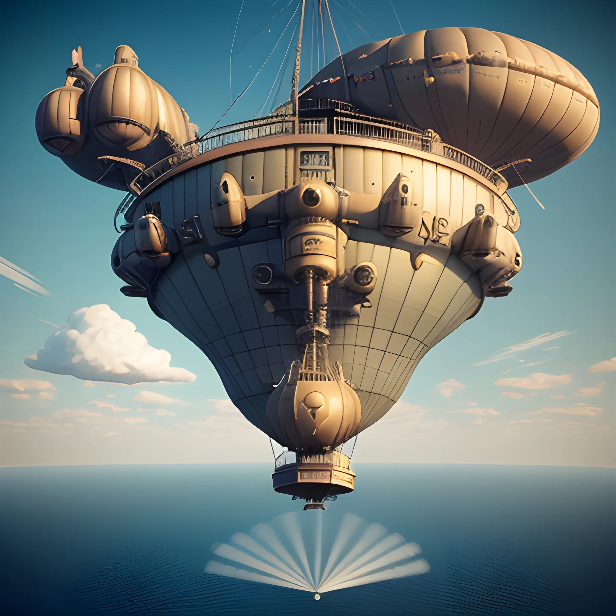 massive steampunk flying airship, blimp, dreadnaught, steampunk, pill-shaped, biplane fleets, turreted cannons on deck, cannons on hull, massive guns, propeller engines, large cannons, deck guns, hull guns, weird guns, multiple guns, in air, flying, no water, high detail, 8k, octane render, biplanes flying around airship, in clouds, 3D