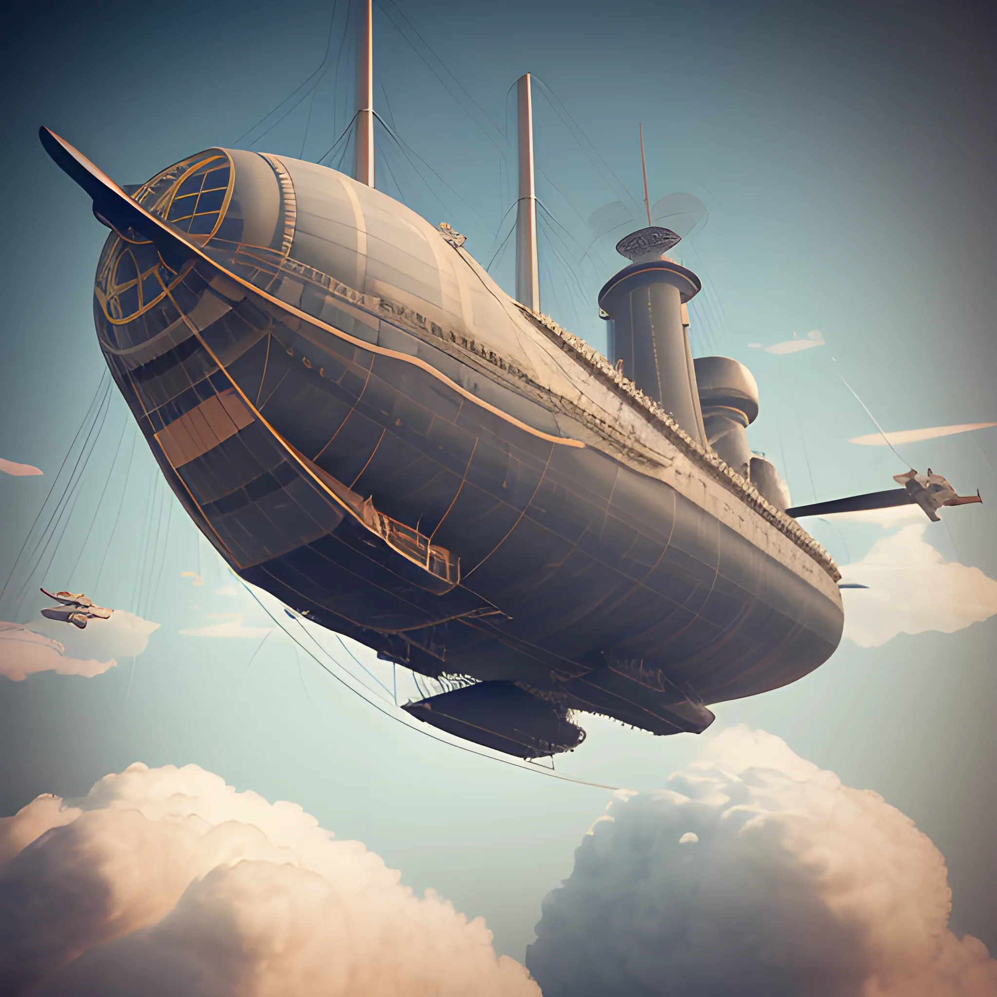 flying airship, blimp, dreadnaught, steampunk, pill-shaped, biplane fleets, turreted cannons on deck, cannons on hull, massive guns, propeller engines, large cannons, deck guns, hull guns, weird guns, multiple guns, in air, flying, no water, high detail, 8k, octane render, biplanes flying around airship, in clouds, 3D