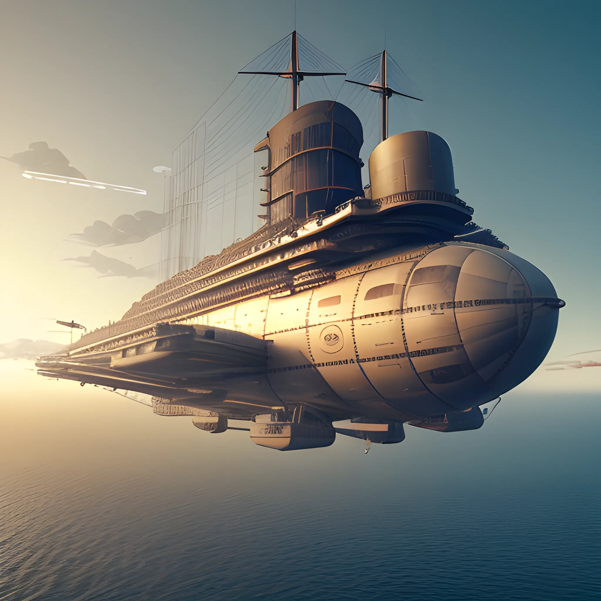 flying airship, blimp, dreadnaught, steampunk, pill-shaped, biplane fleets, turreted cannons on deck, cannons on hull, massive guns, propeller engines, large cannons, deck guns, hull guns, weird guns, multiple guns, in air, flying, no water, high detail, 8k, octane render, biplanes flying around airship, in clouds, 3D