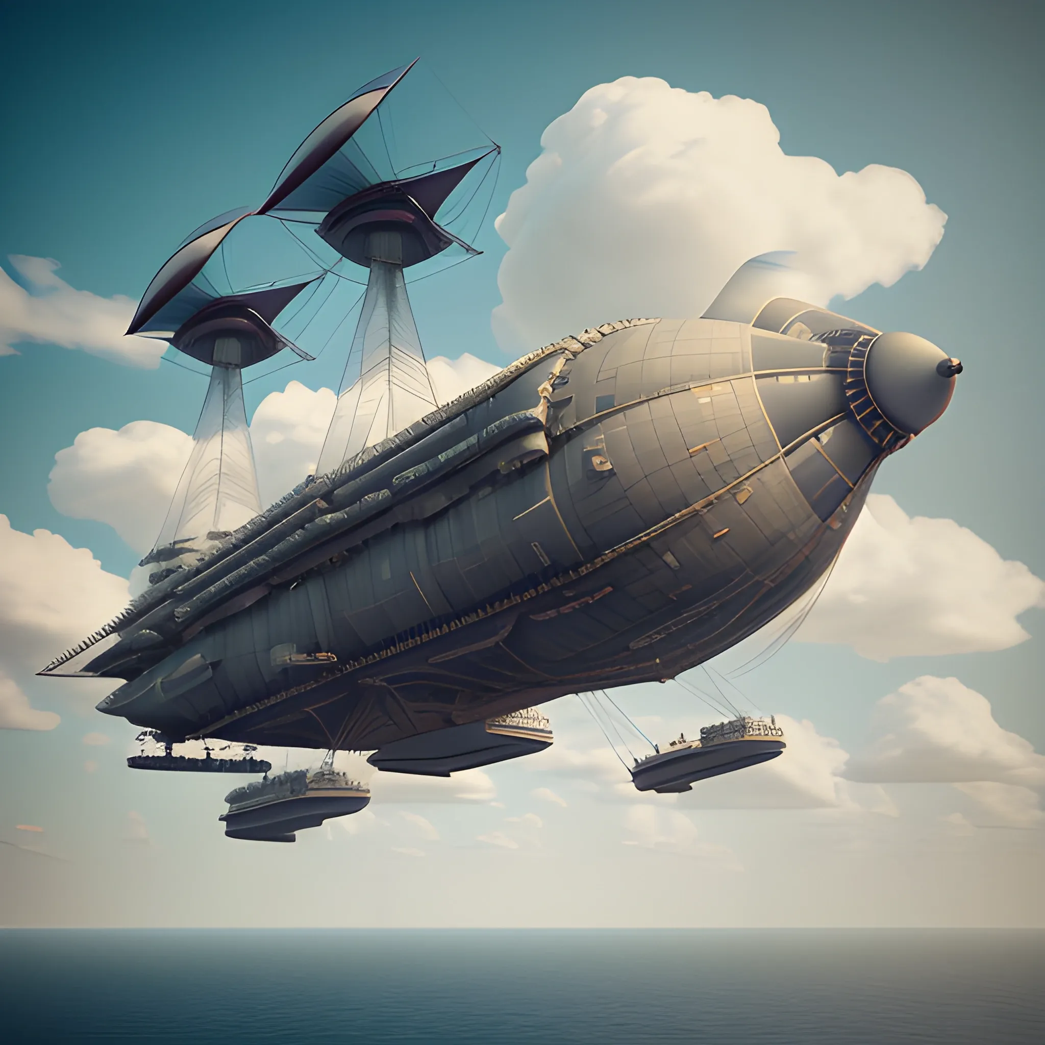 flying airship, blimp, dreadnaught, steampunk, pill-shaped, biplane fleets, turreted cannons on deck, cannons on hull, massive guns, propeller engines, large cannons, deck guns, hull guns, weird guns, multiple guns, in air, flying, no water, high detail, 8k, octane render, biplanes flying around airship, in clouds, 3D