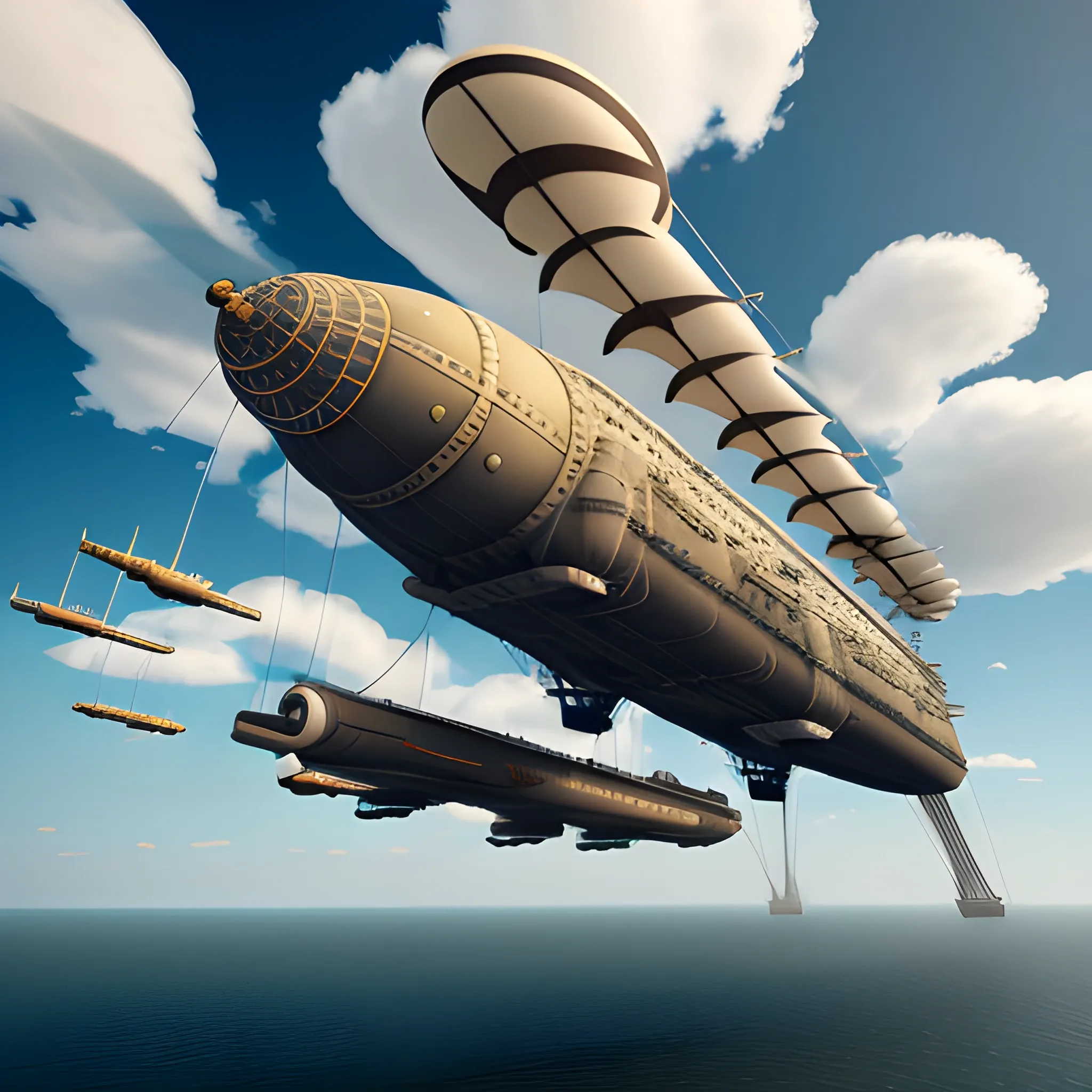 flying airship, blimp, dreadnaught, steampunk, pill-shaped, biplane fleets, turreted cannons on deck, cannons on hull, massive guns, propeller engines, large cannons, deck guns, hull guns, weird guns, multiple guns, in air, flying, no water, high detail, 8k, octane render, biplanes flying around airship, in clouds, 3D