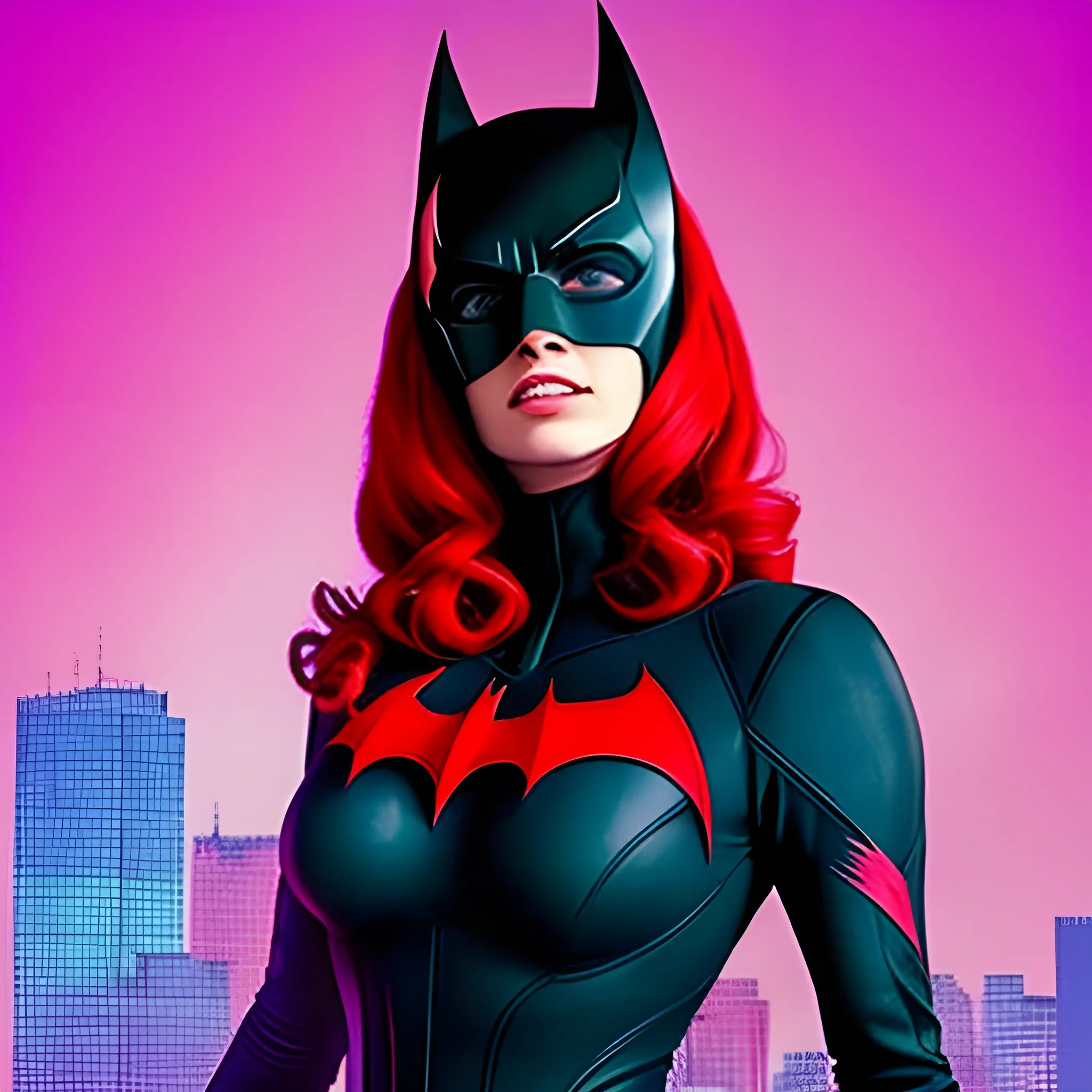 Mujer con buen cuerpo, hermosa, usa el traje de batwoman, realista, Trippy