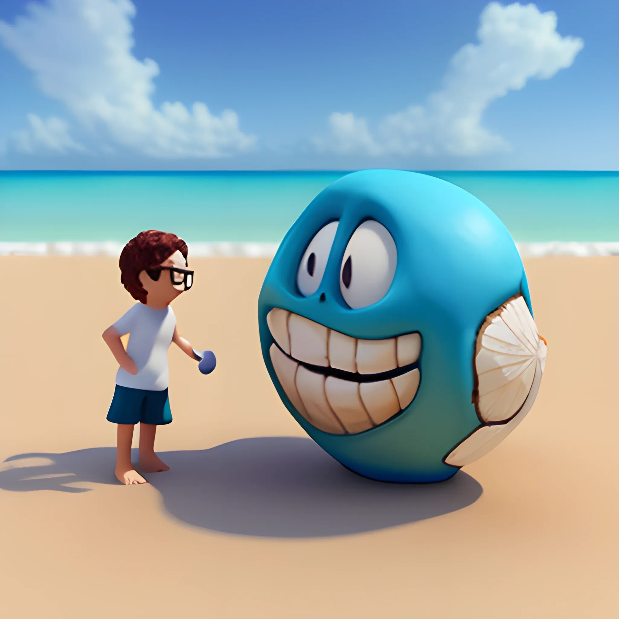 Crea dos personajes en una casa en la playa disfutando de un coco, 3D