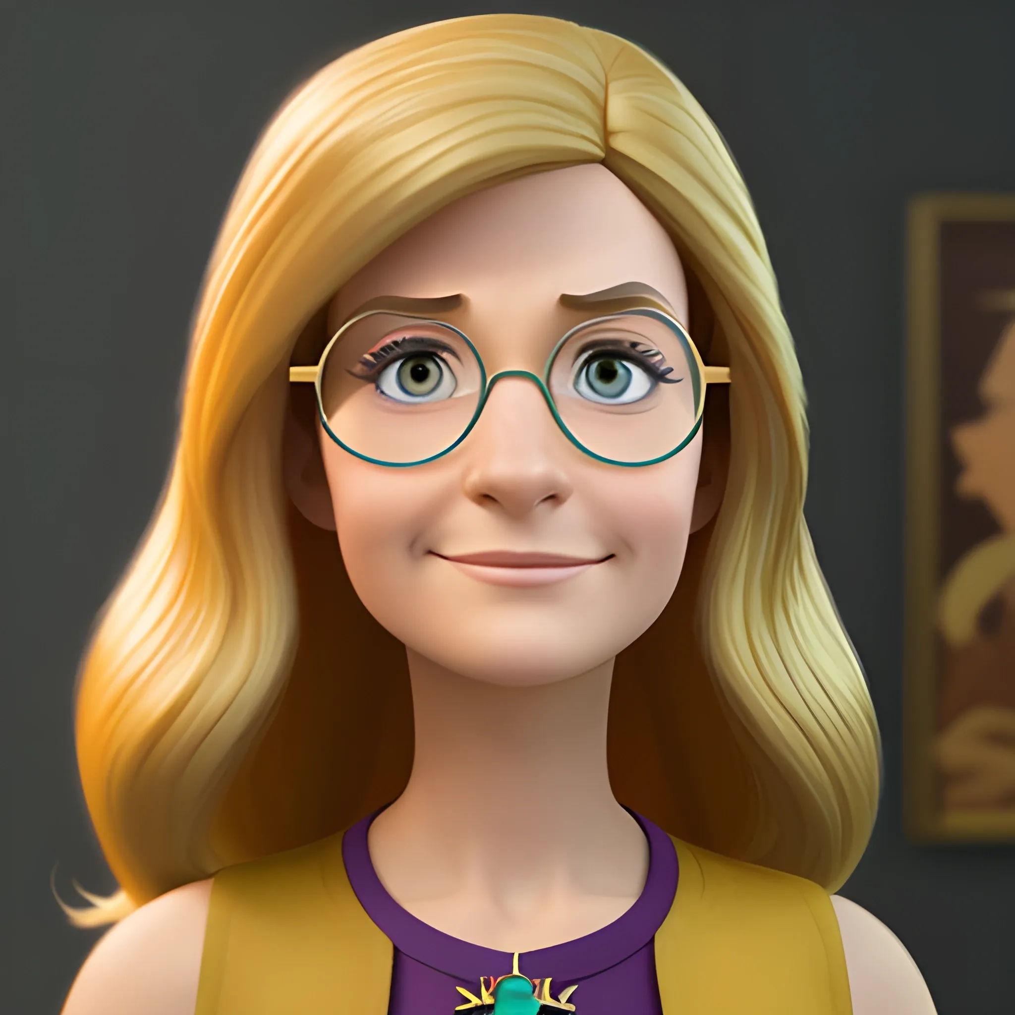 a Disney Pixar Studios character, a woman with shoulder-length hair with golden tips, wearing glasses. Title "klau"