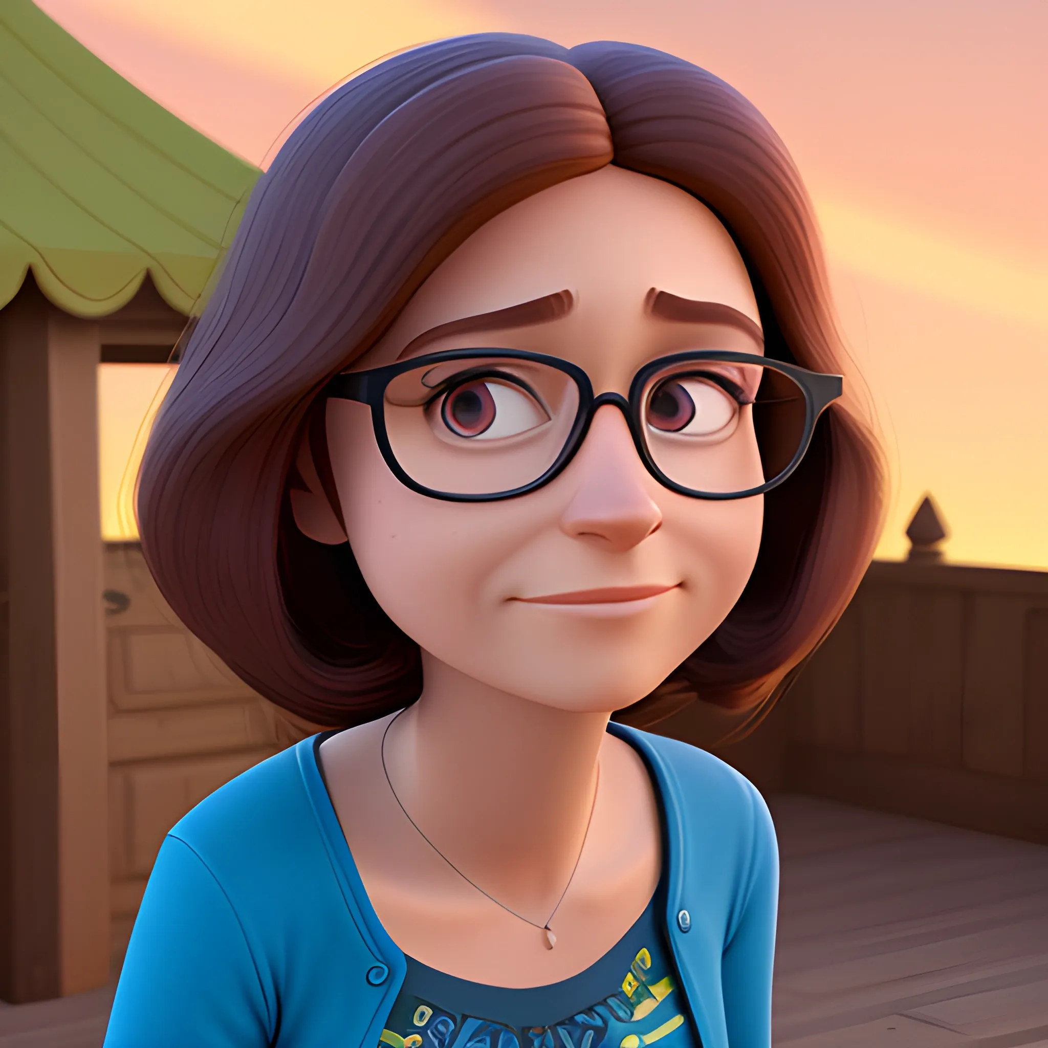 a Disney Pixar Studios character, a woman with shoulder-length hair, wearing glasses. Title "klau", 3D