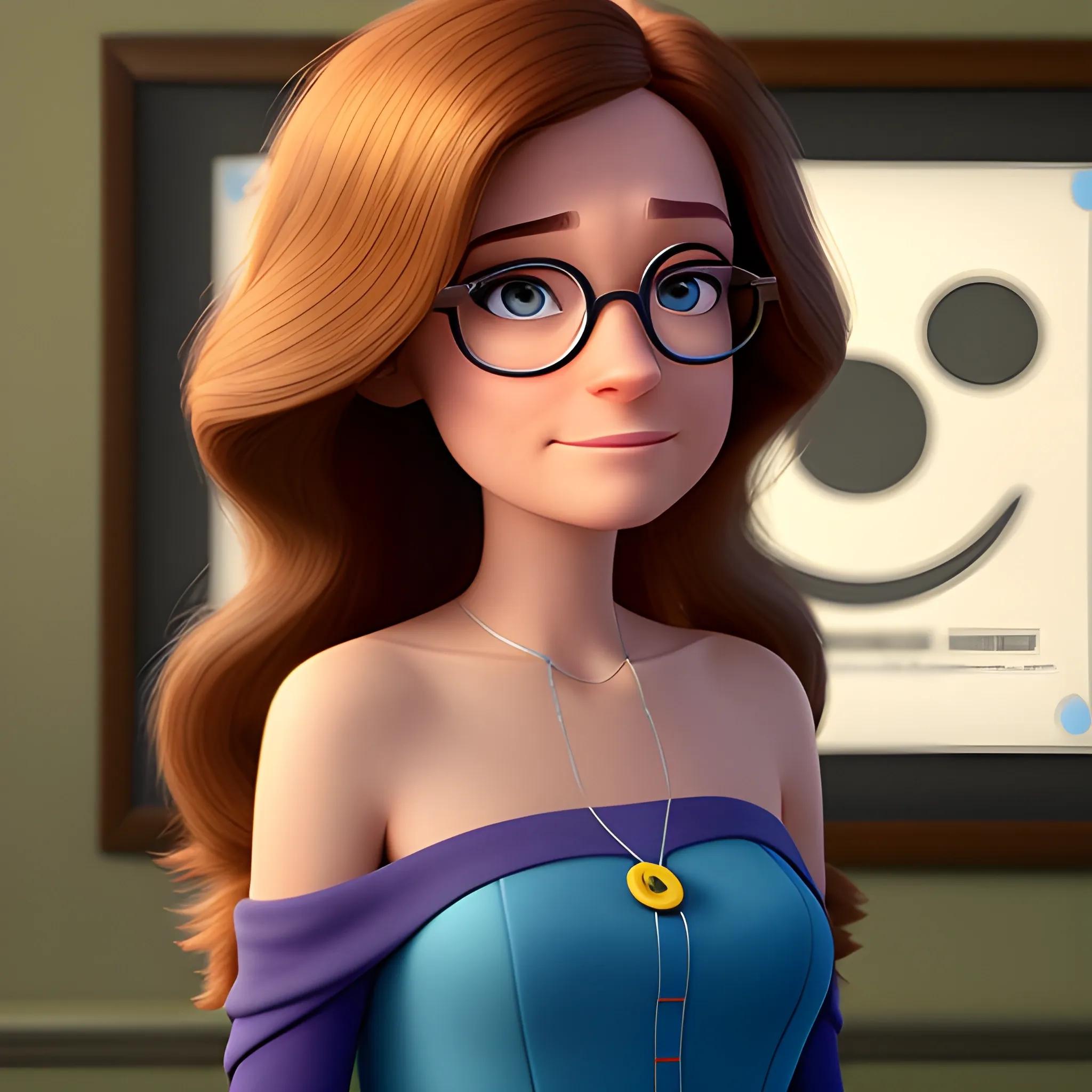 a Disney Pixar Studios character, a woman with shoulder-length hair, wearing glasses, 3D