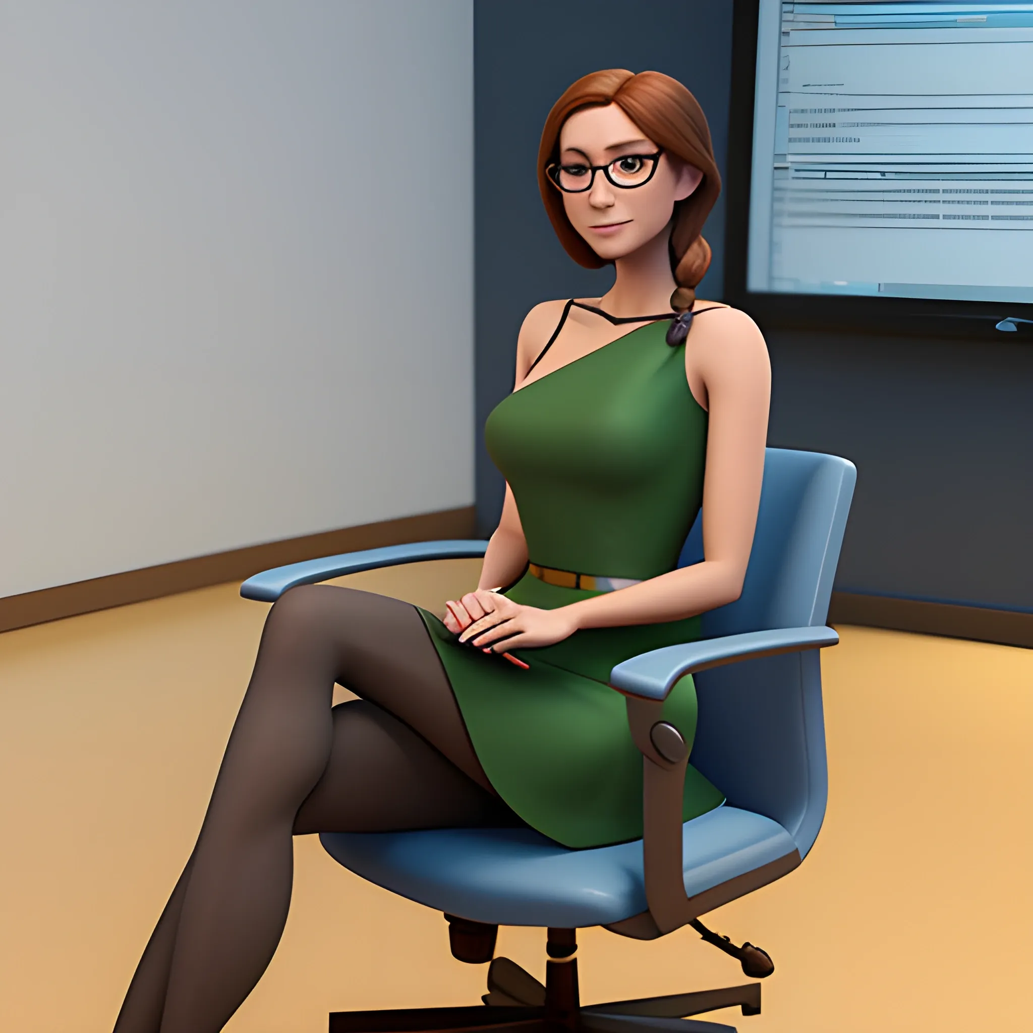 A Disney Pixar Studios character, a woman with shoulder-length hair and glasses, sitting on a chair inside a classroom, 3D rendering