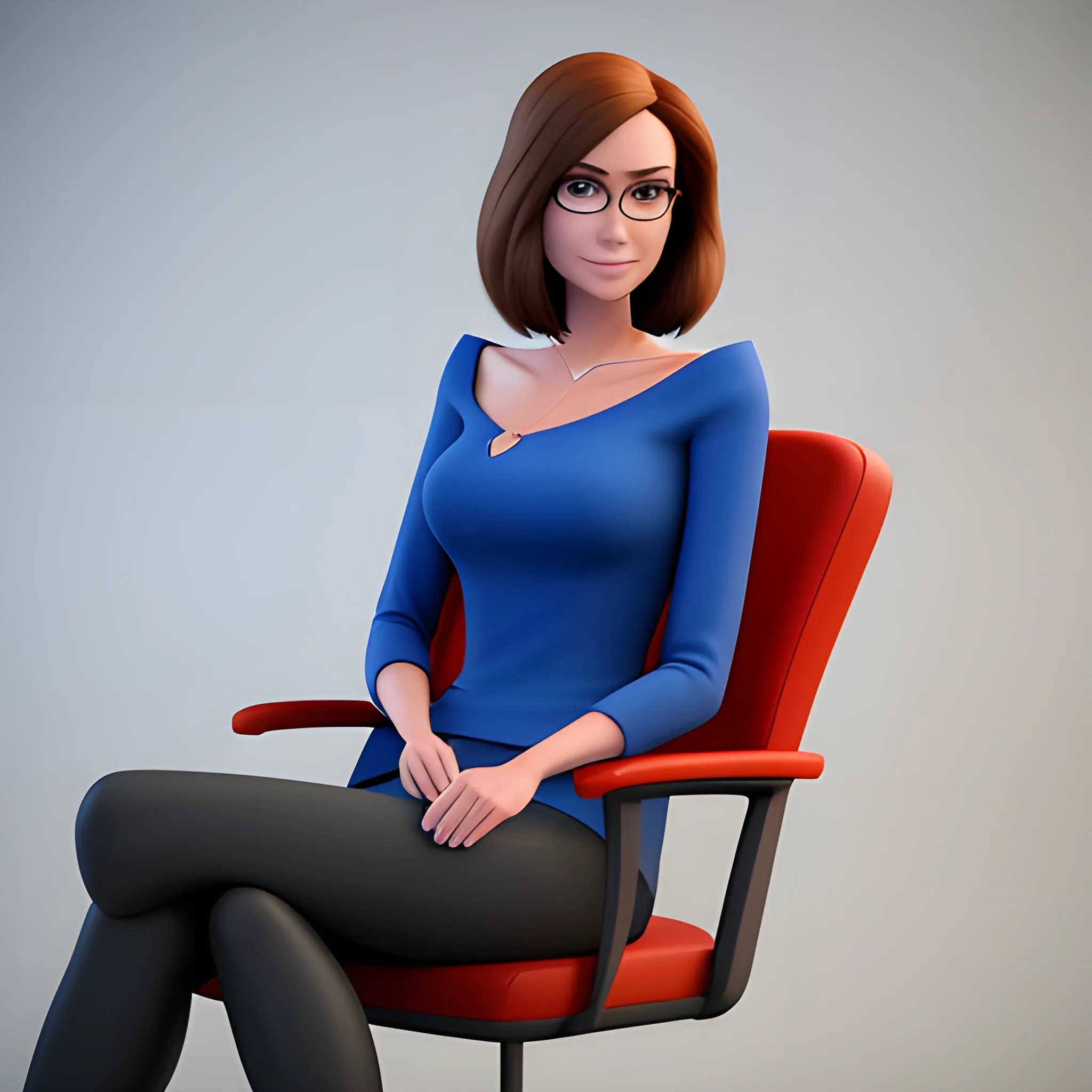 A Disney Pixar Studios character, a girl with shoulder-length hair and glasses, sitting on a chair inside a classroom, looking straight ahead, 3D rendering