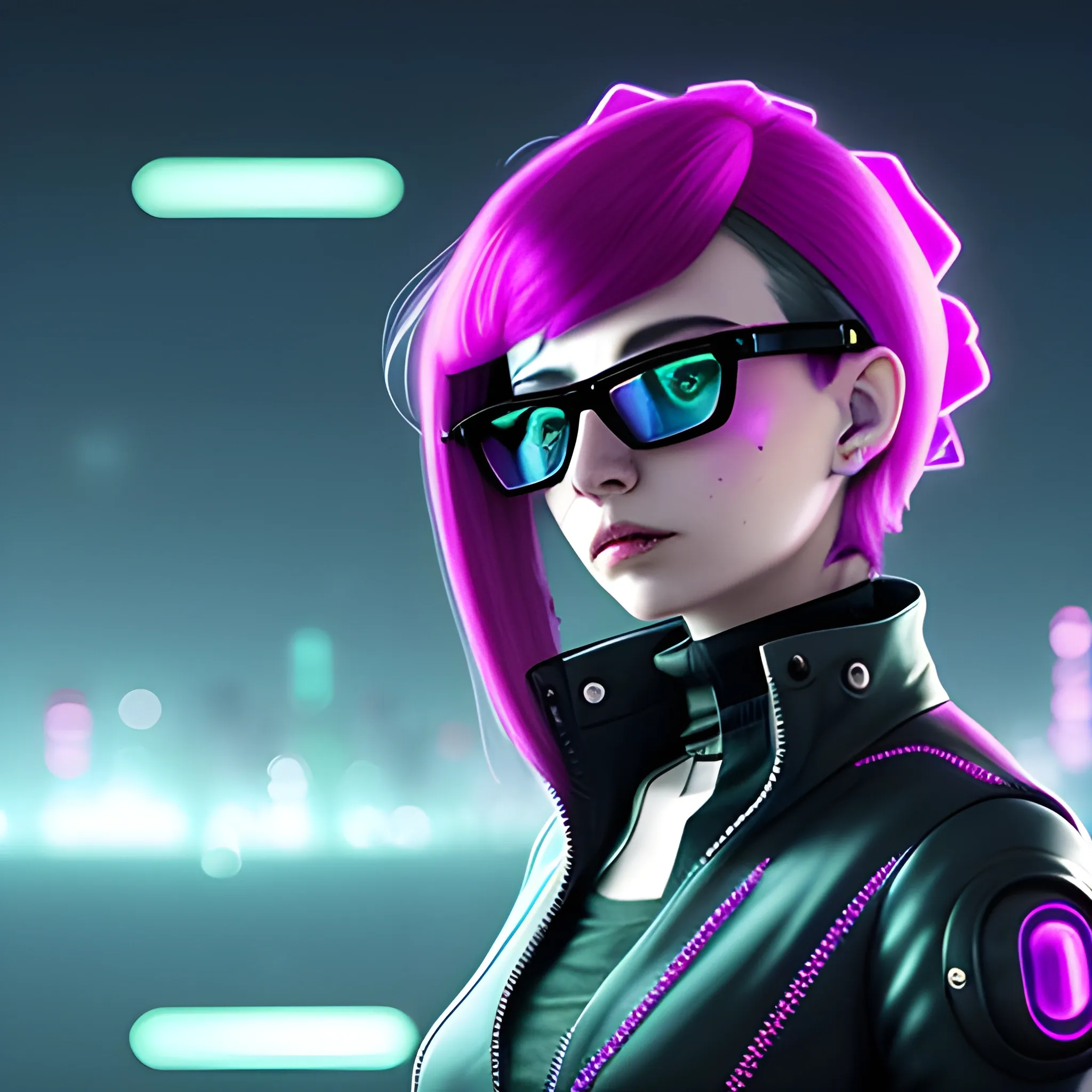 Crea una mujer bella, con lentes y cabello largo, está en un mundo futurista al estilo cyberpunk