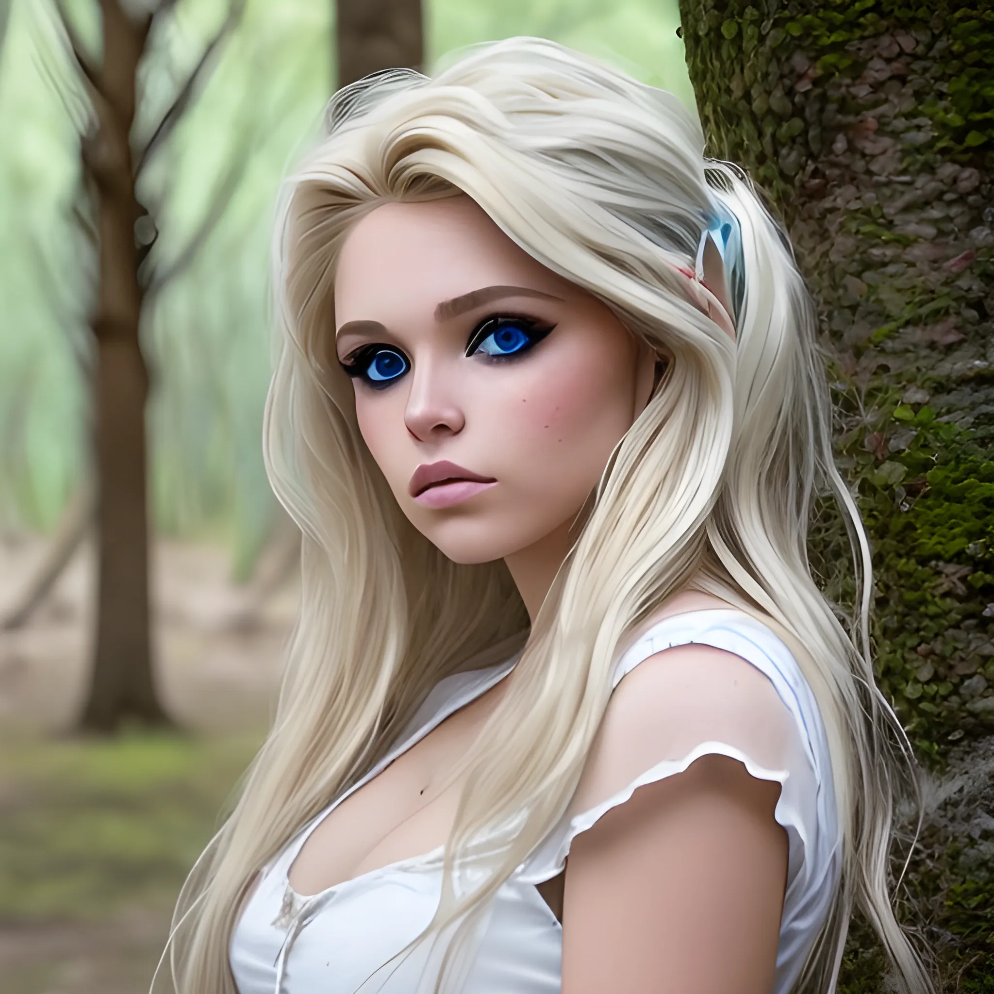 foto real de una hermosa mujer rubia de ojos azules, pelo rizado, piel blanca en un bosque
