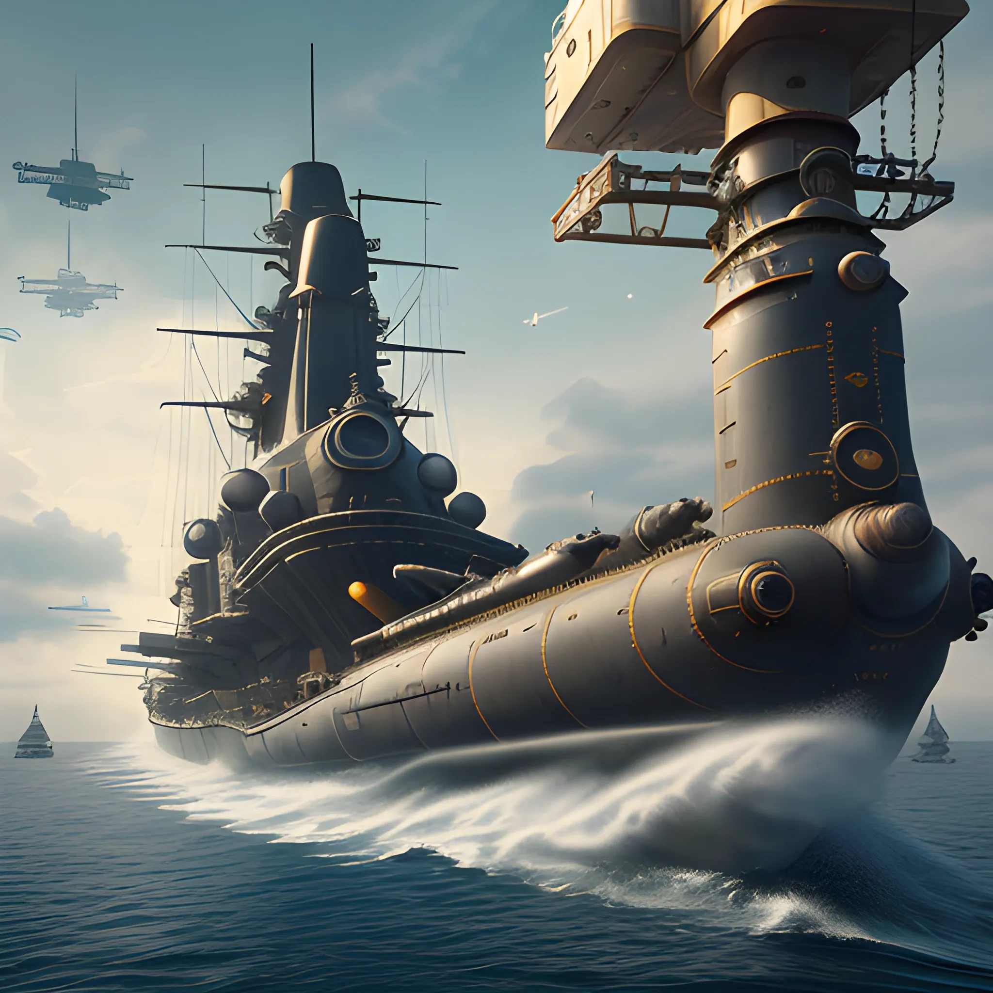 submarine, dreadnaught, steampunk, pill-shaped, turreted cannons ...