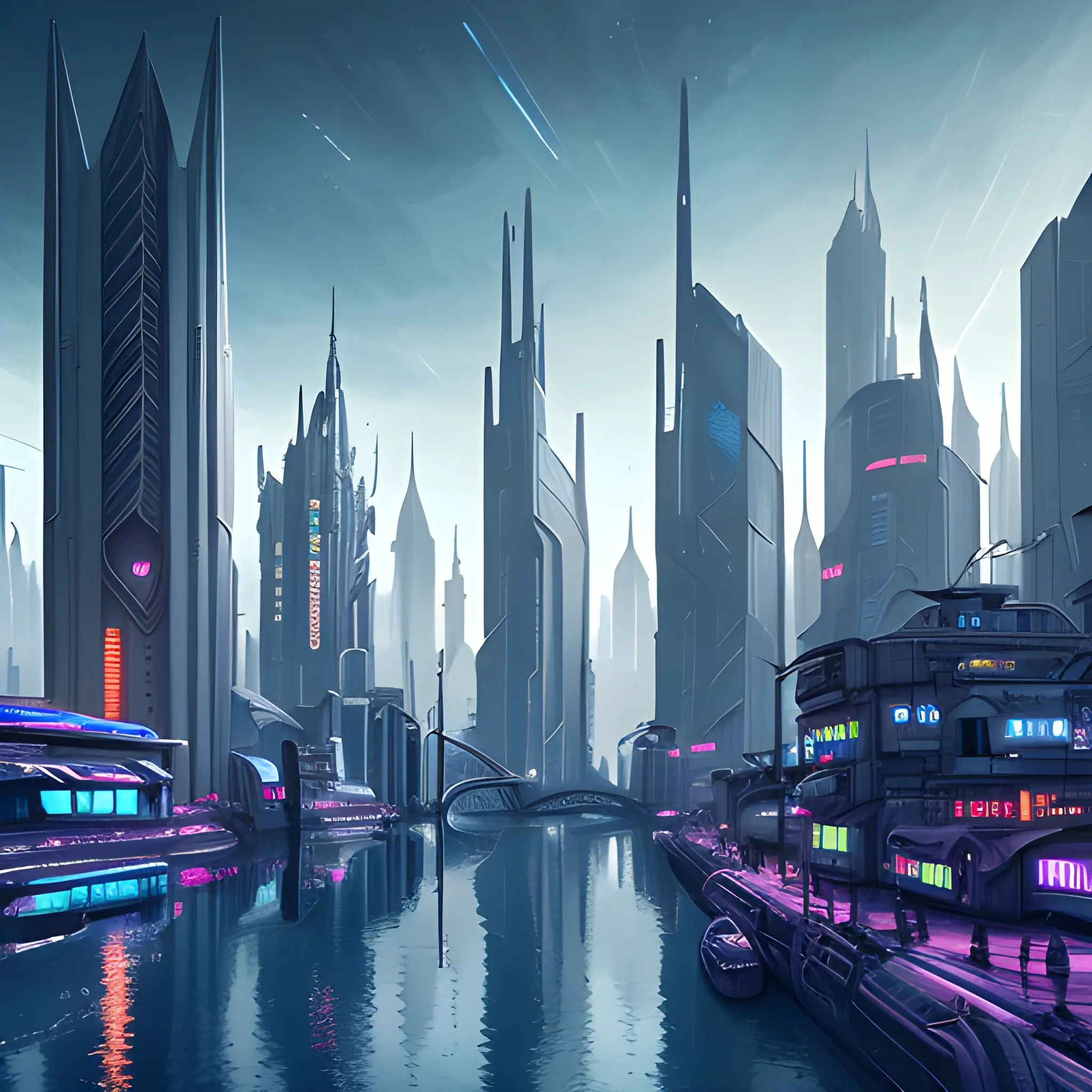 Main space city with spire style buildings, cyberpunk style blue tones, cityscape of bridges and canals, surreal, ultra high quality
