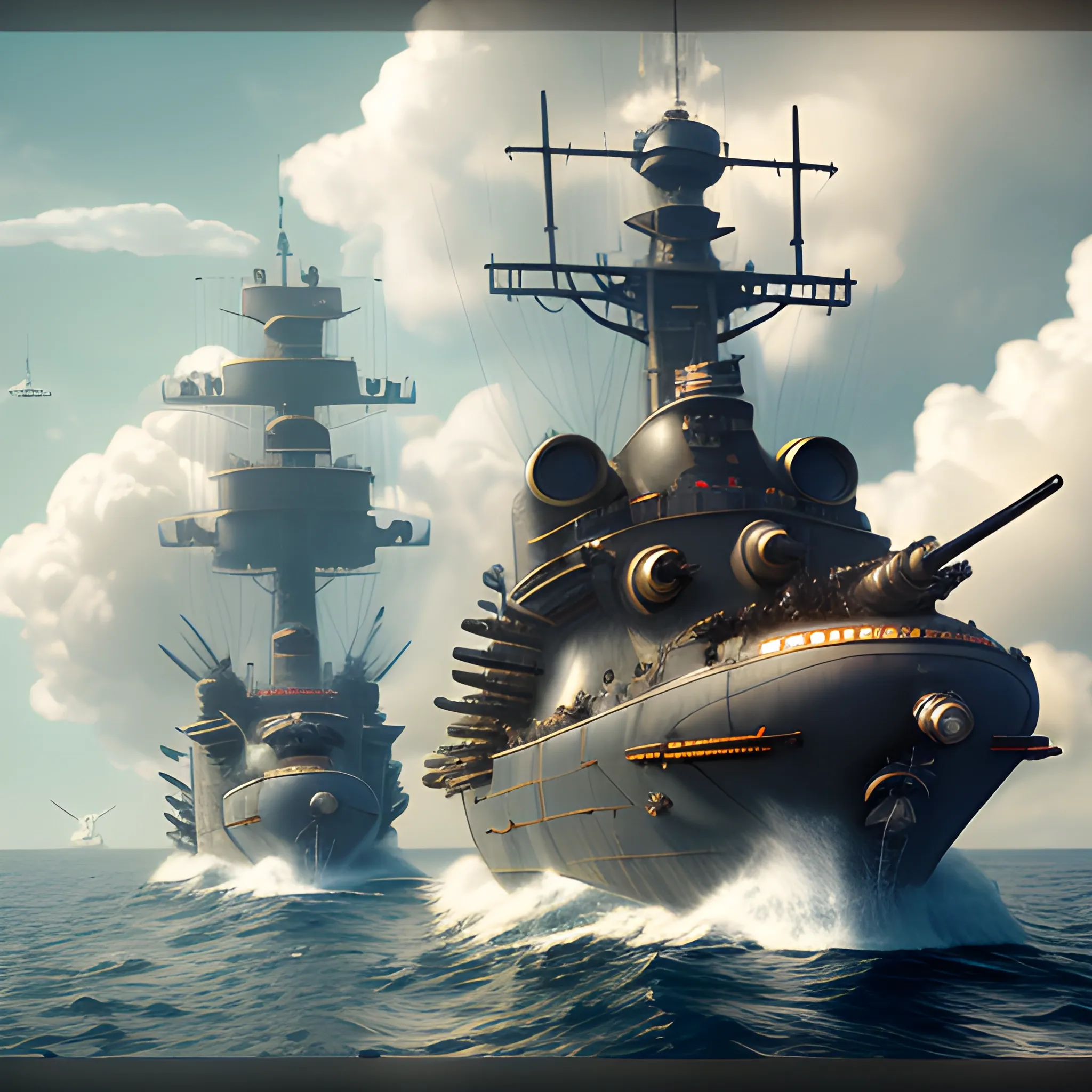 submarine, dreadnaught, steampunk, pill-shaped, turreted cannons ...