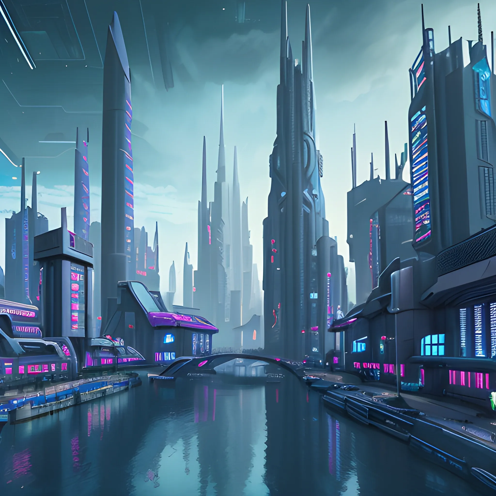 Main space city with spire style buildings, cyberpunk style blue tones, cityscape of bridges and canals, surreal, ultra high quality