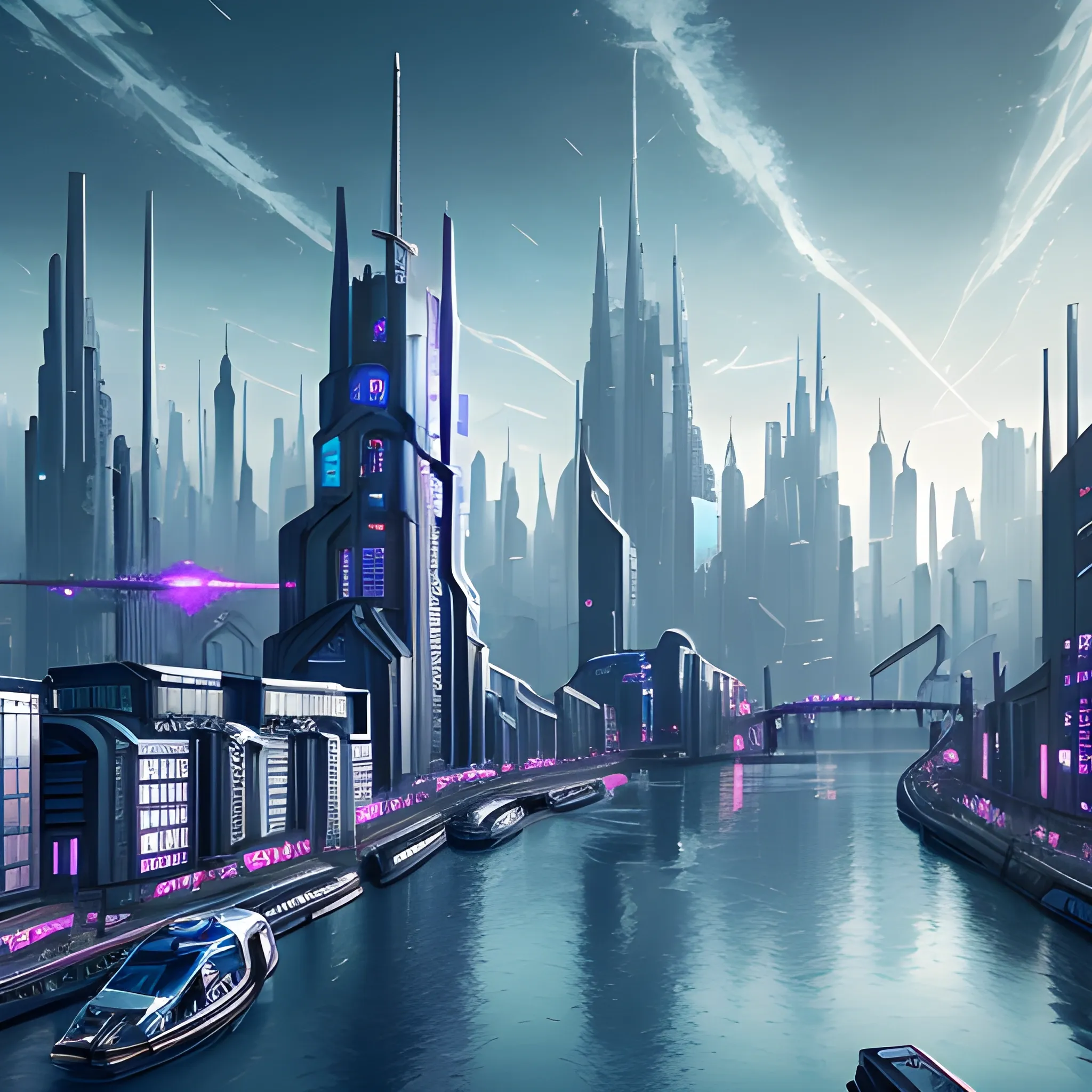 Main space city with spire style buildings, cyberpunk style blue tones, cityscape of bridges and canals, surreal, ultra high quality