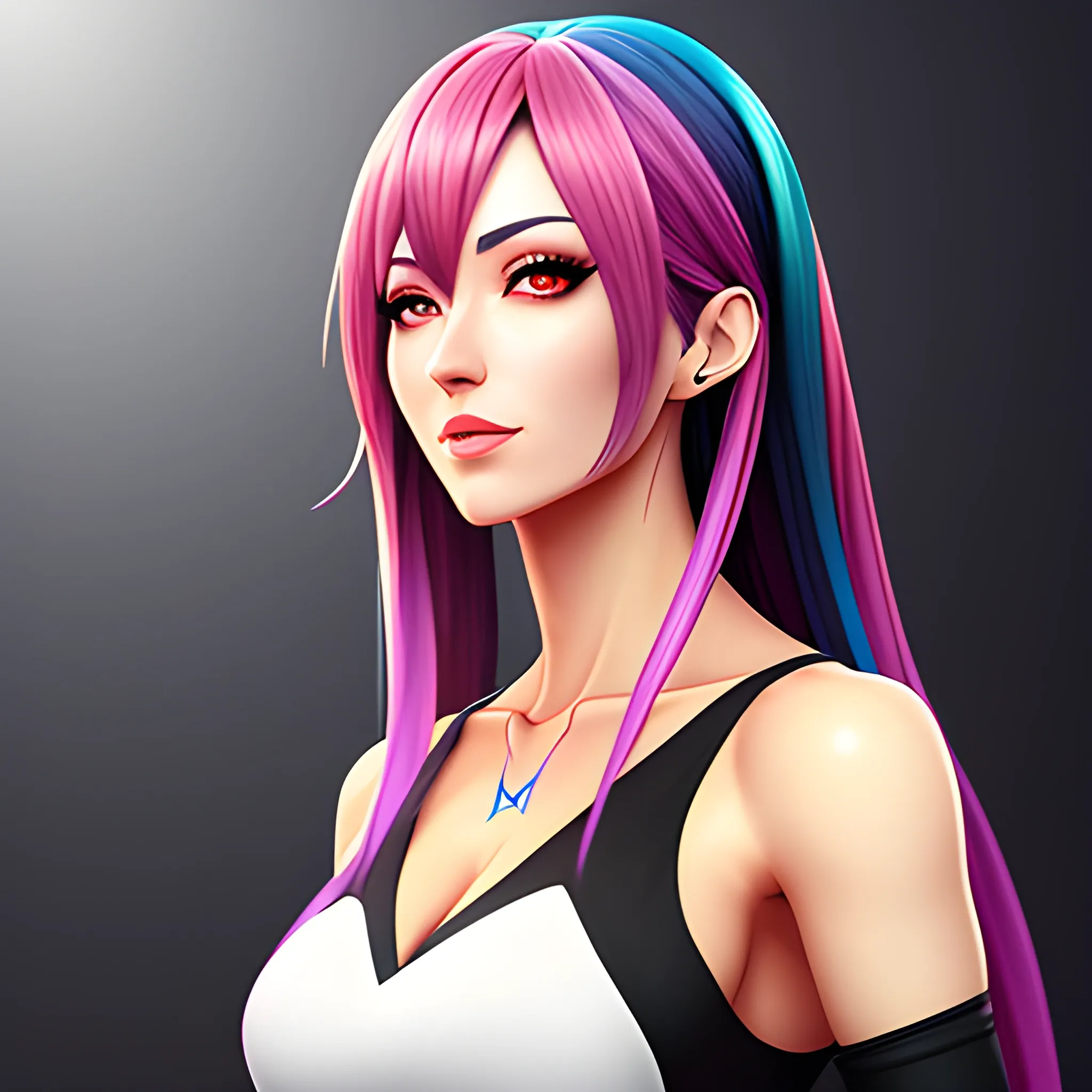 A young cyber punk online freelancing girl, colorful anime decoration, hyper-realistic, half body portrait style facing forward