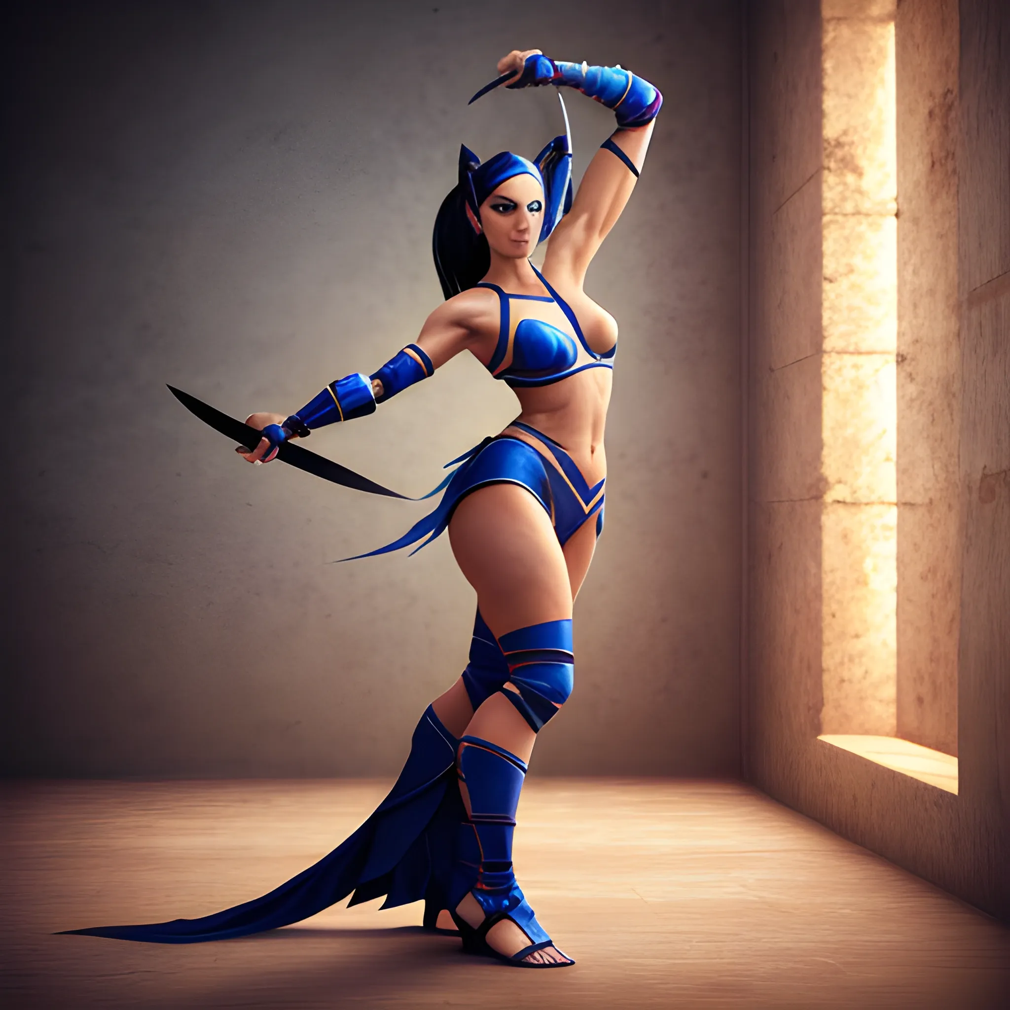realistic and high quality Kitana full body, from Mortal Kombat, skimpy attire tautly hugging her form as she poised for action, a breathtaking composition under the dramatic, high contrast lighting with a triad of deep, resounding colors pervading , Graceful form. Intense focus. Full body, leather sandals with an antique knife laced to her sandals. intricate detailing. Intense gaze. High-resolution texture, zoom out  --style raw