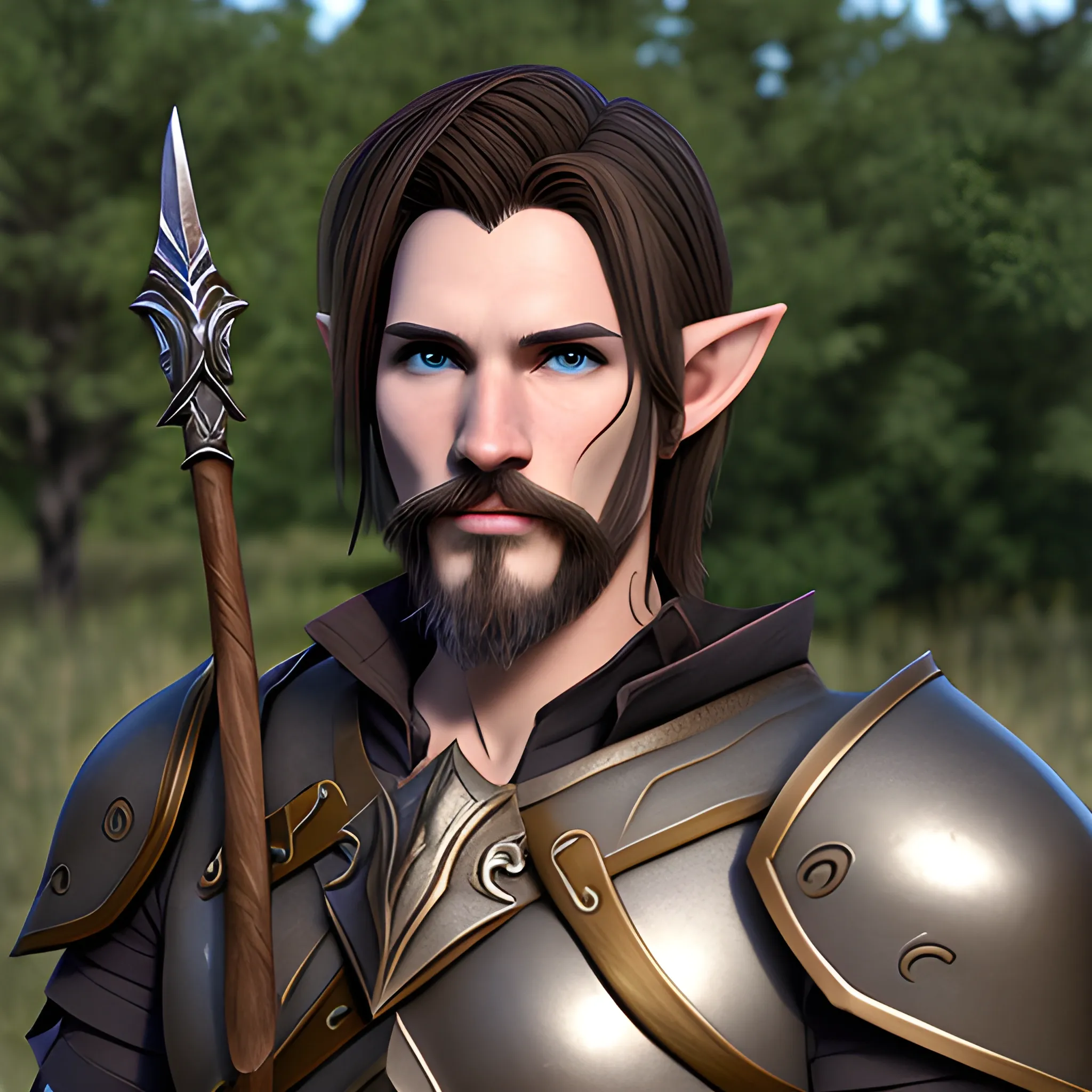 half-elven paladin, halberd, rugged, smirking, 3D, realistic, goatee, brown hair, 